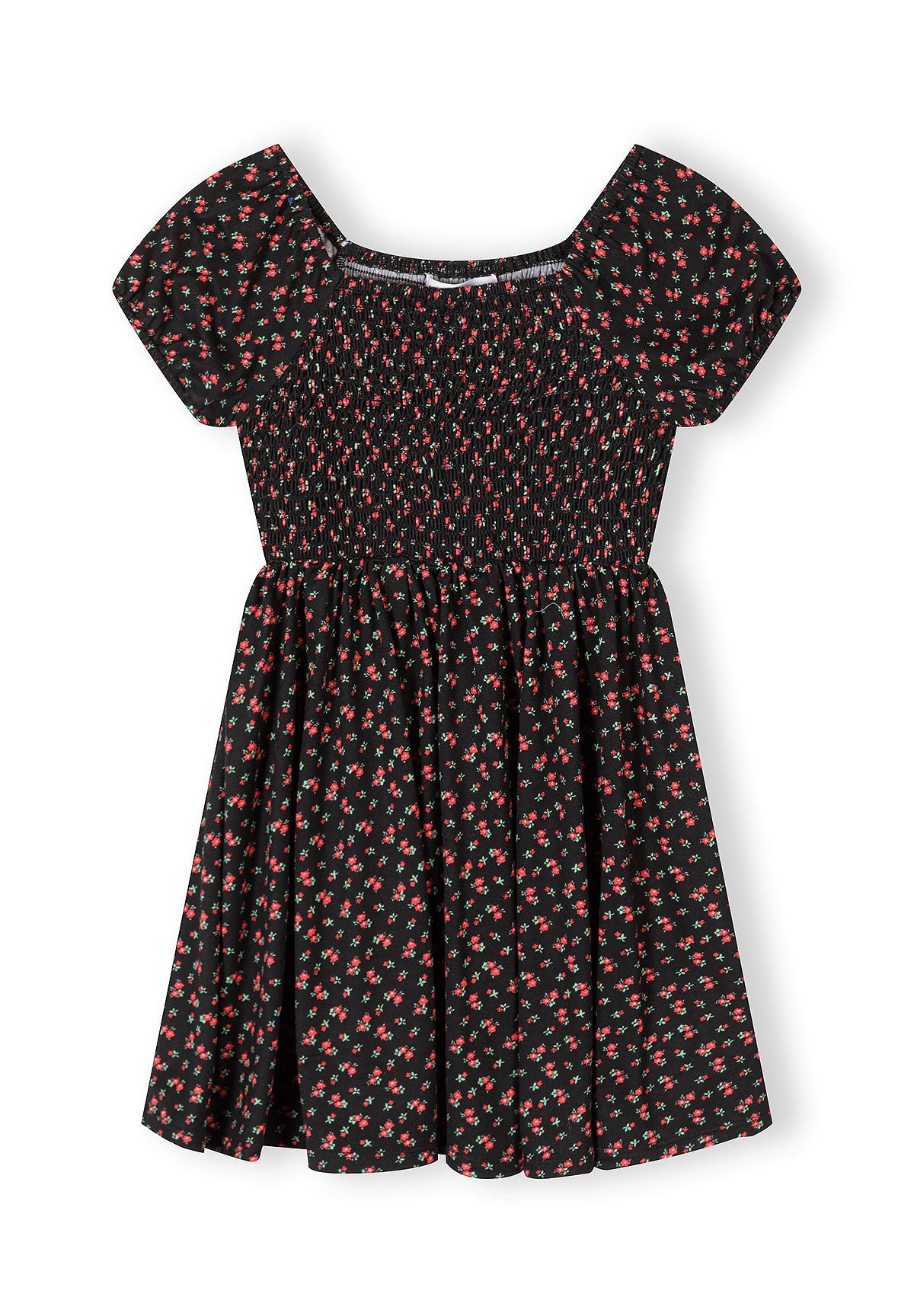 Black and red shirred floral dress, front.