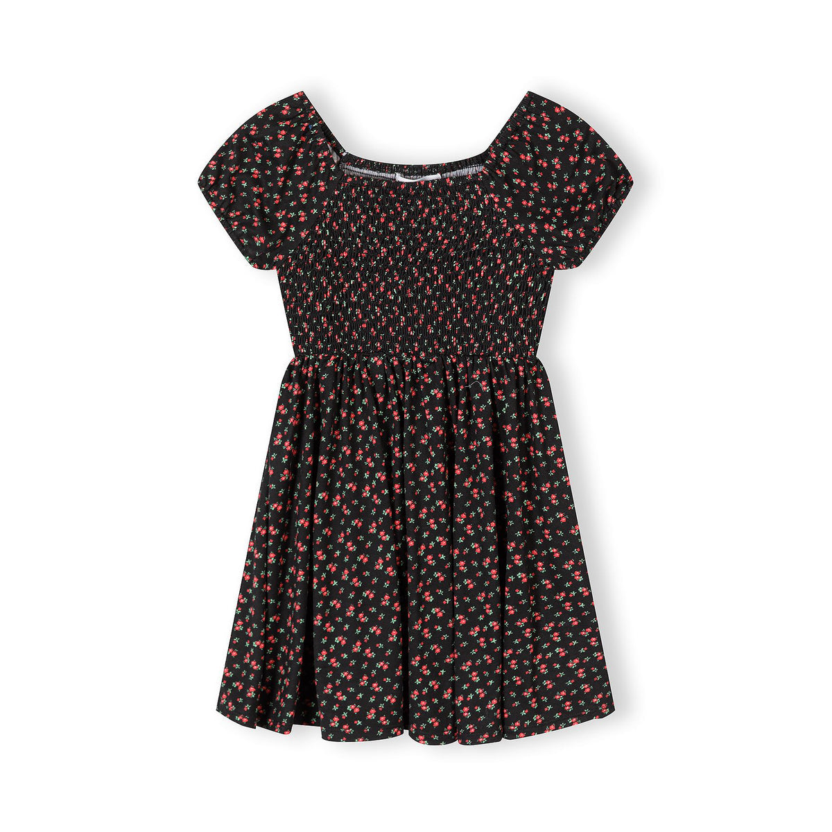 Girls' shirred floral dress in black and red — complete product view for square Shop card
