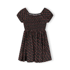 Girls' shirred floral dress in black and red