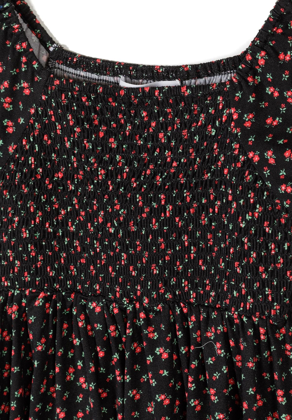 Floral Shirred Dress, Black Red Flowers - 3