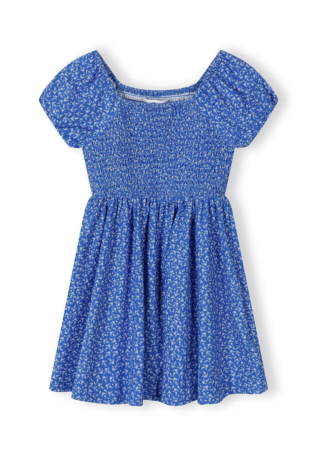 Girls blue floral dress, short sleeves, square neck, elastic back.