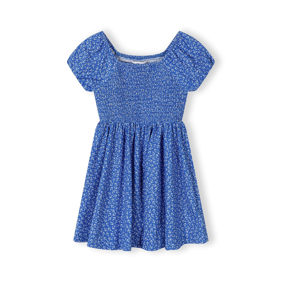 Girls' shirred floral dress in blue and white — complete product view for square Shop card