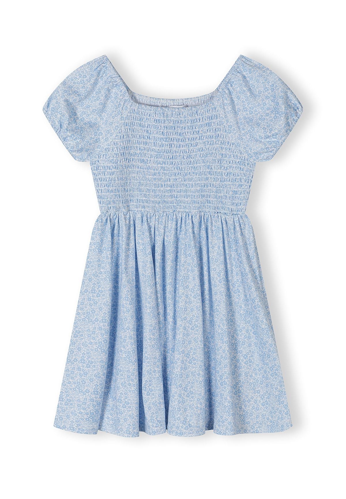 Girls light blue floral summer dress, loose fit, short sleeves, square neckline.