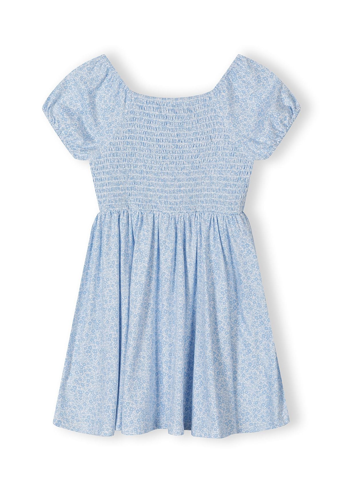 Girls light blue floral summer dress, loose fit, short sleeves, square neckline.