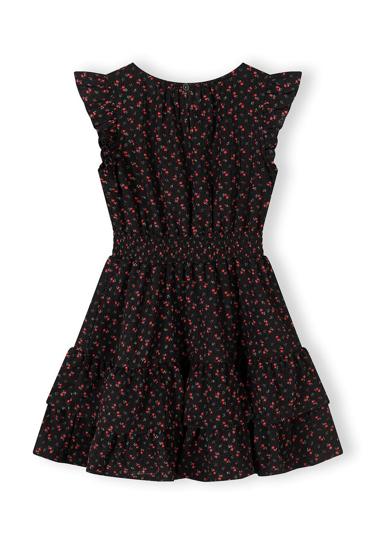 Girls black floral A-line dress with frill sleeves, back view.