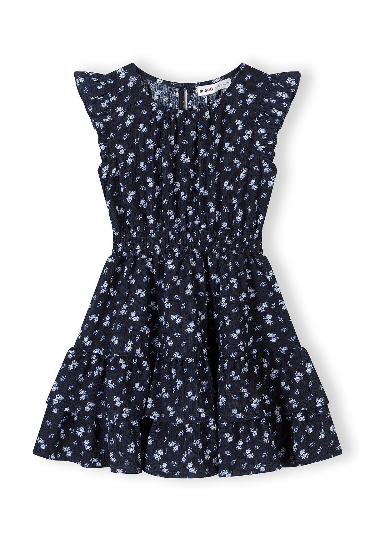Girls blue floral A-line dress with frill sleeves, front view.
