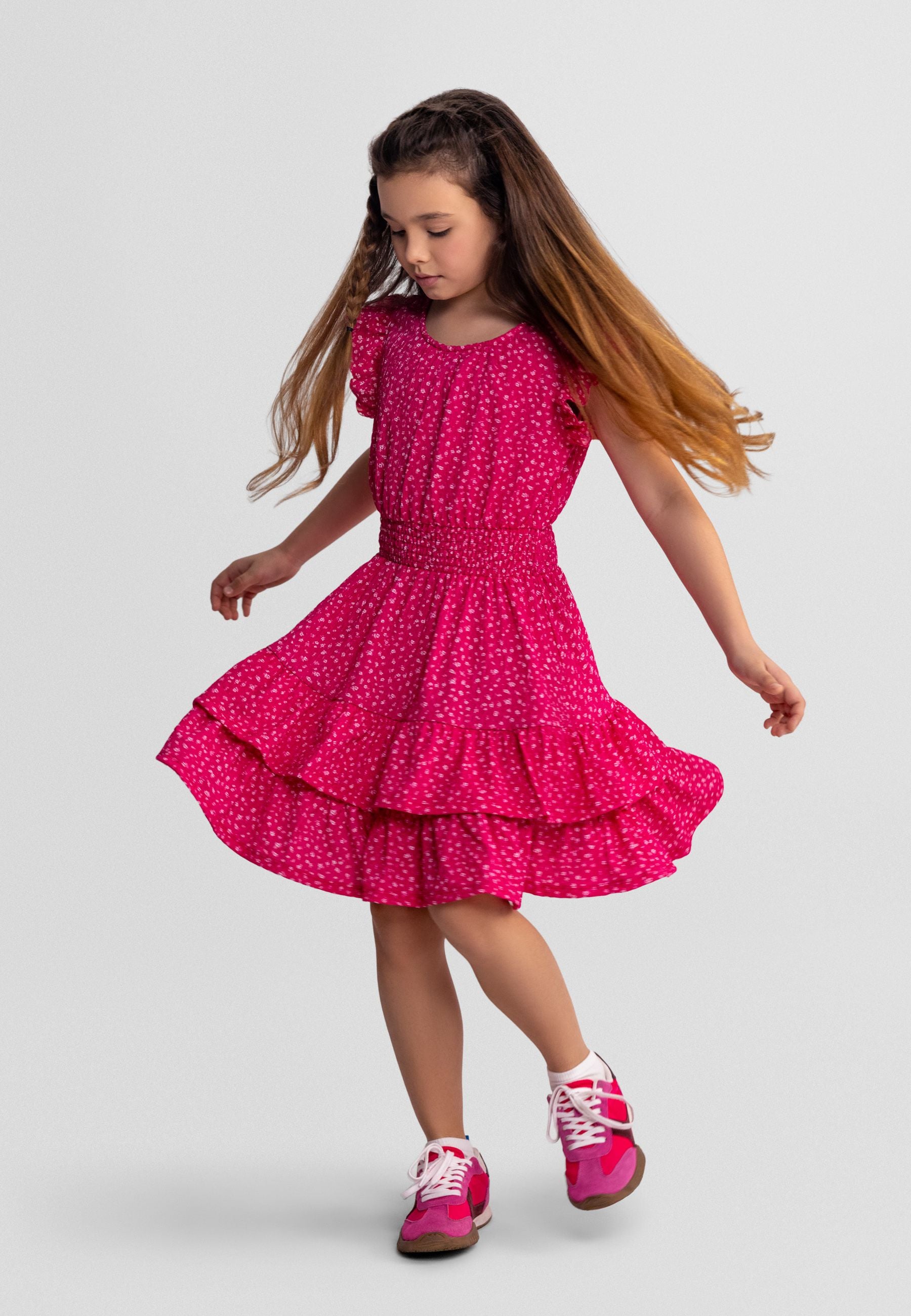 Floral Frill Sleeve Dress, Tiered, Pink - 1
