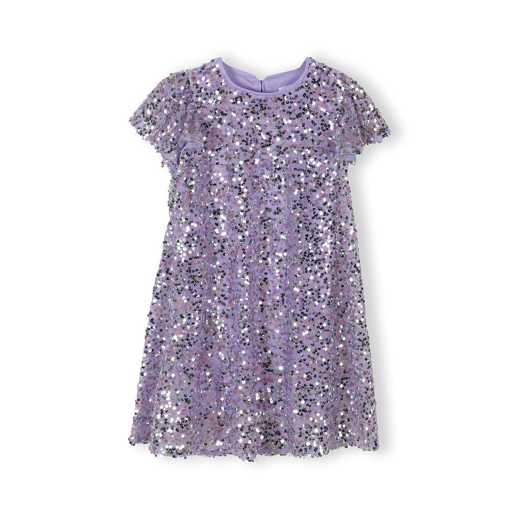 Flat lay view of purple sequin dress showing A-line shape, short sleeves, round neckline and all-over multicolour sequin embellishment on white background