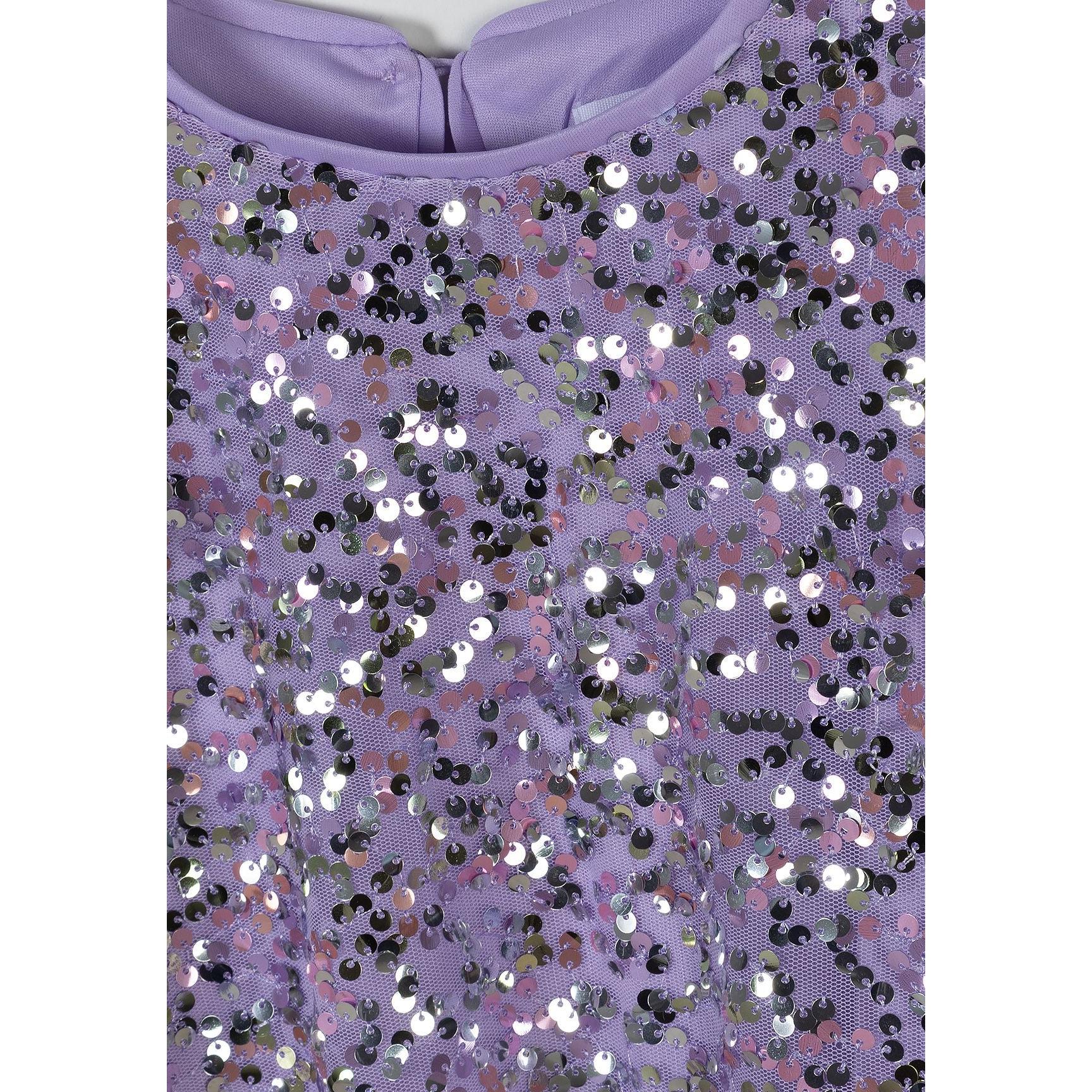 Close-up detail of multicolour sequins on purple fabric showing silver, pink, black and iridescent embellishments with purple neckline binding