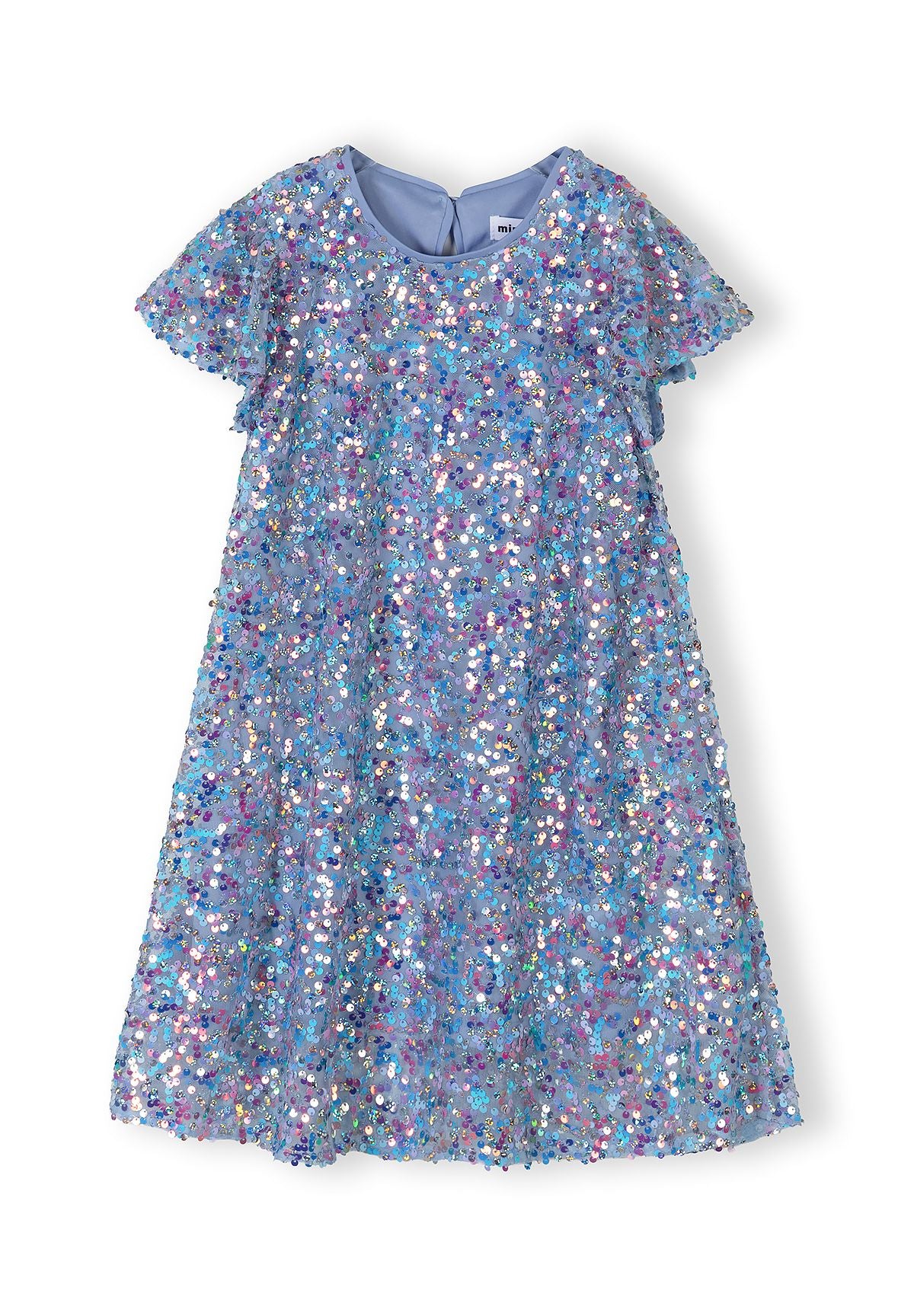 Girls blue a-line sequin dress with short sleeves, featuring a flowing skirt and rounded neckline.