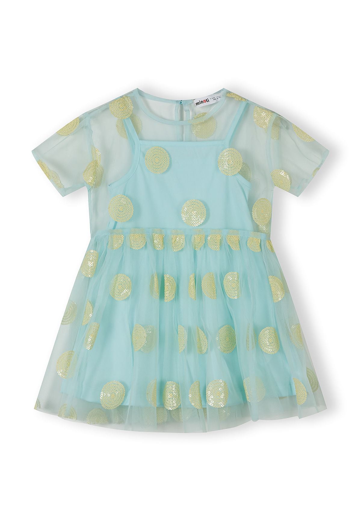 Girls' turquoise tulle party dress, front view, featuring short sleeves and sequined polka dots.