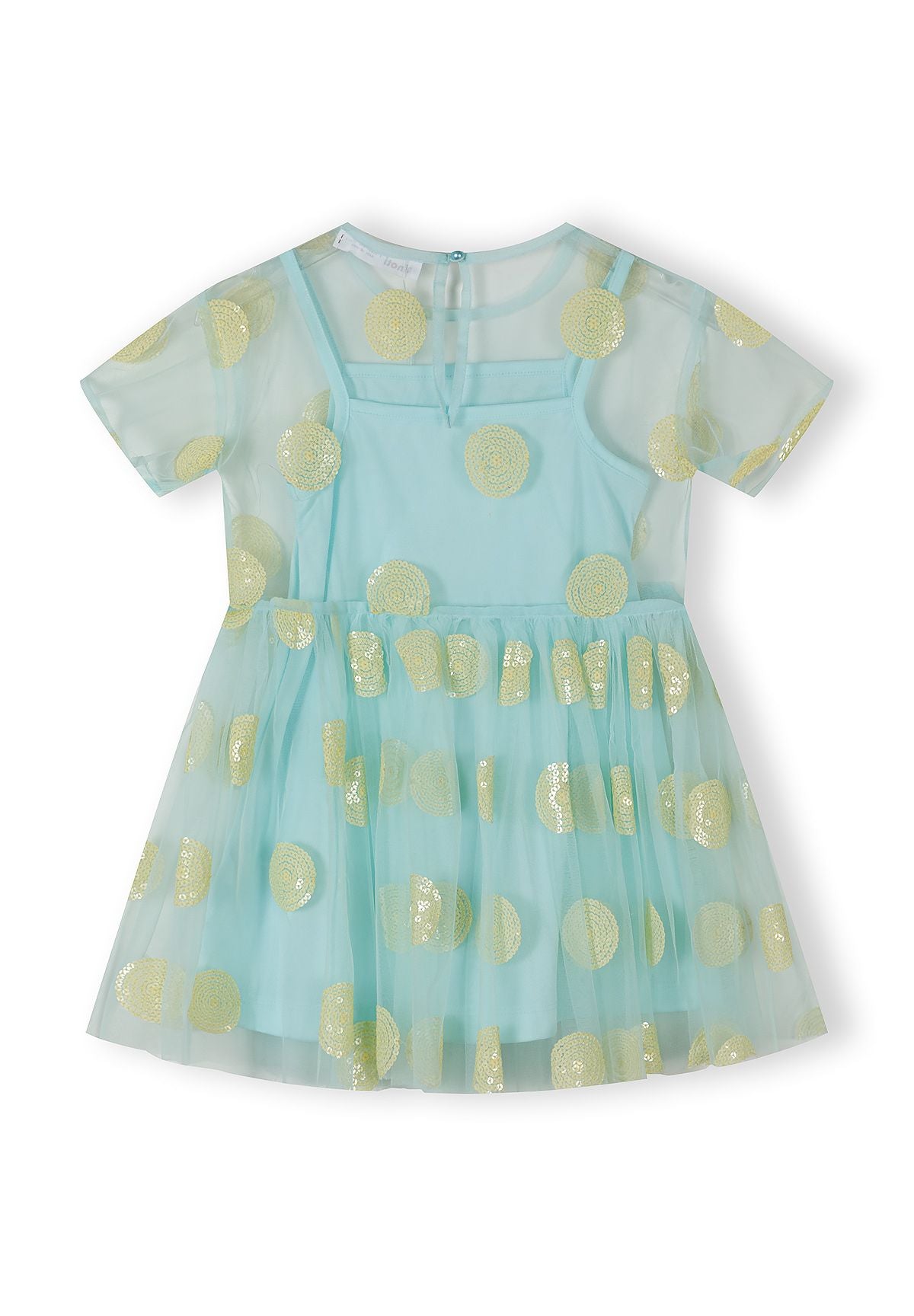 Girls' turquoise tulle party dress, back view with short sleeves and sequined polka dots.
