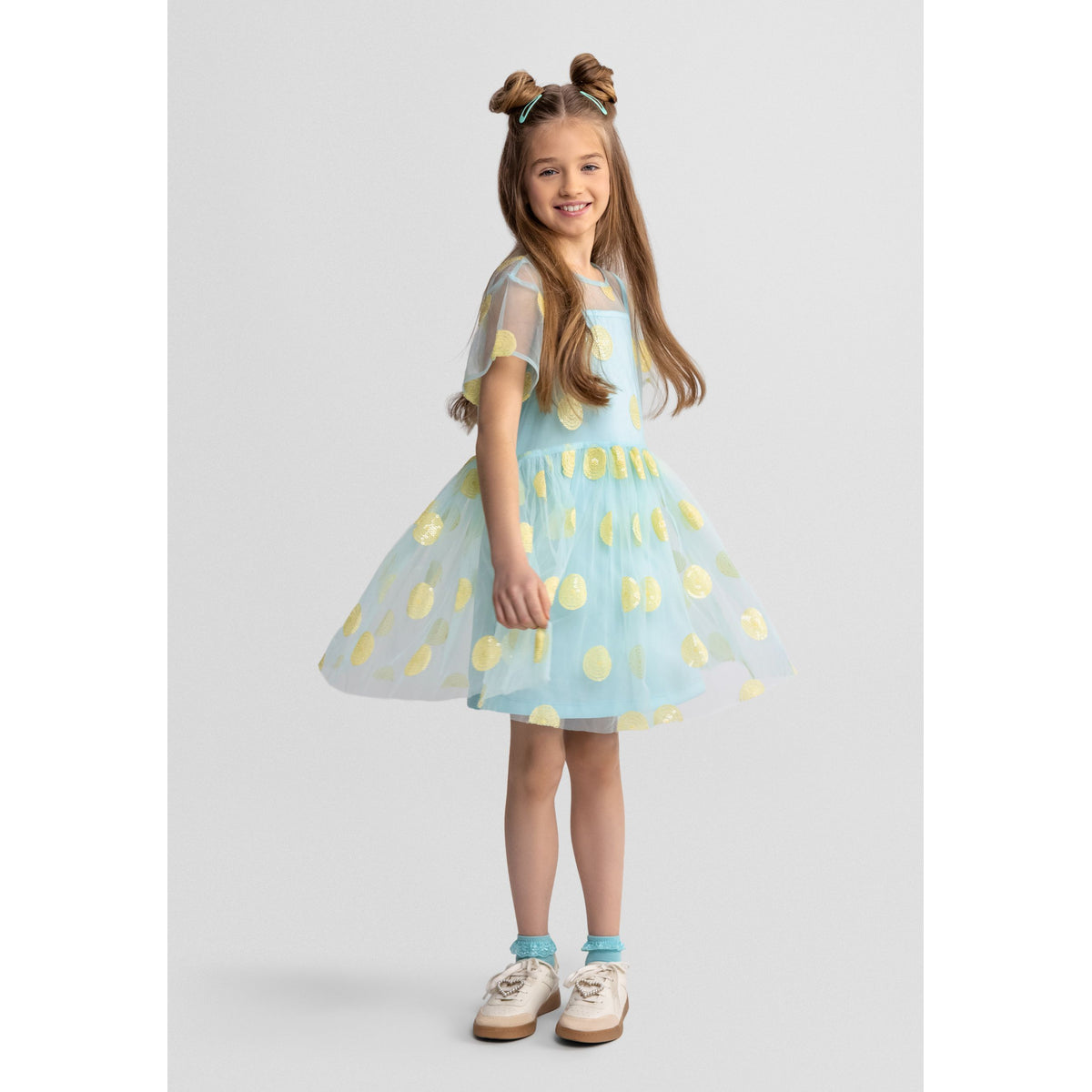 Girls' sequin mesh dress in light turquoise and yellow — complete product view for square Shop card