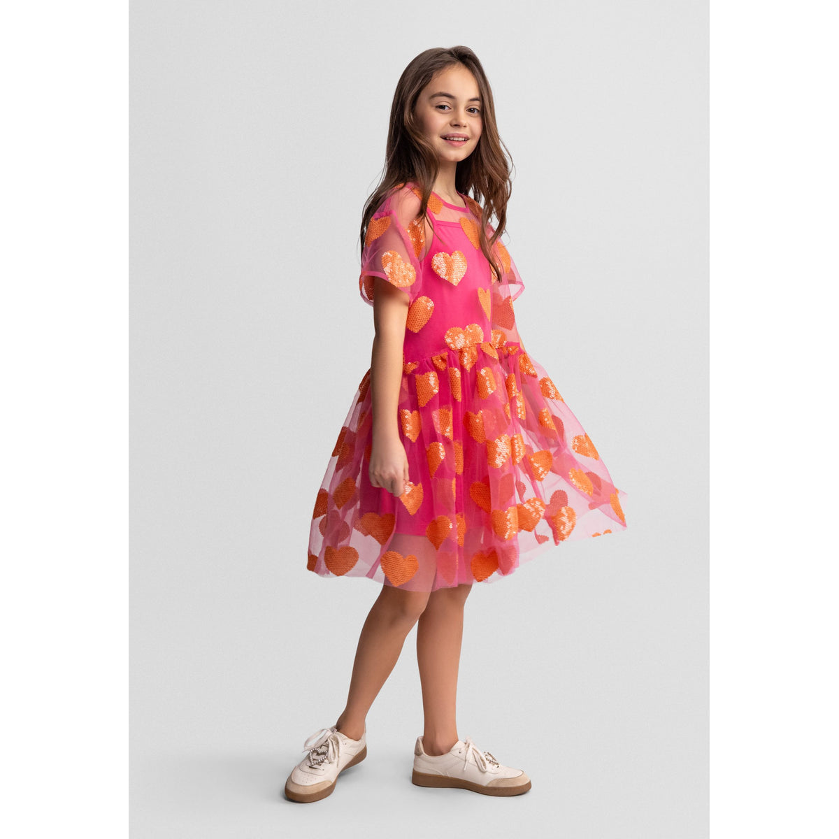 Girls' sequin heart mesh dress in pink and orange — complete product view for square Shop card