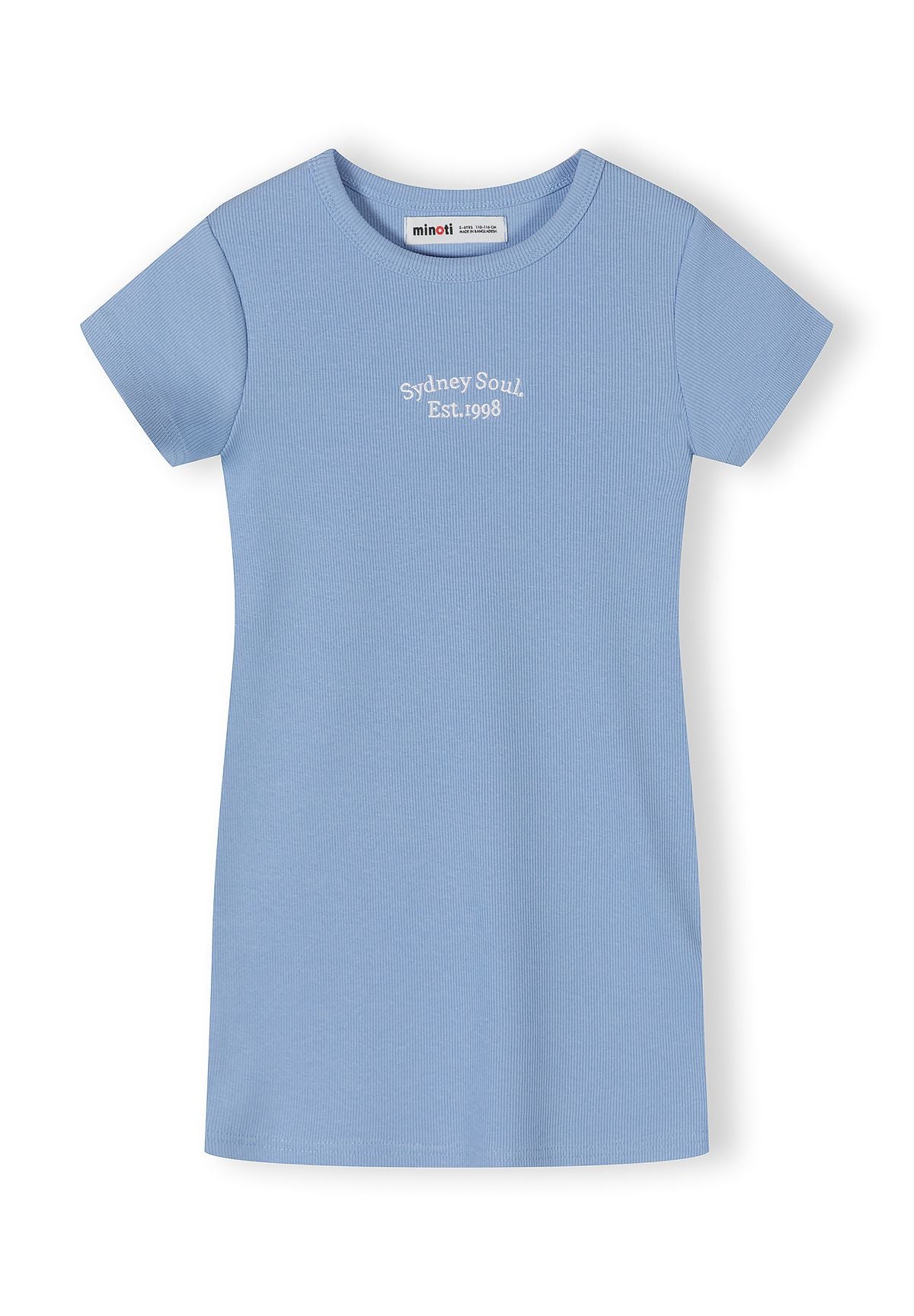 Girls ribbed short sleeve dress in light blue with rounded neckline and logo detail.