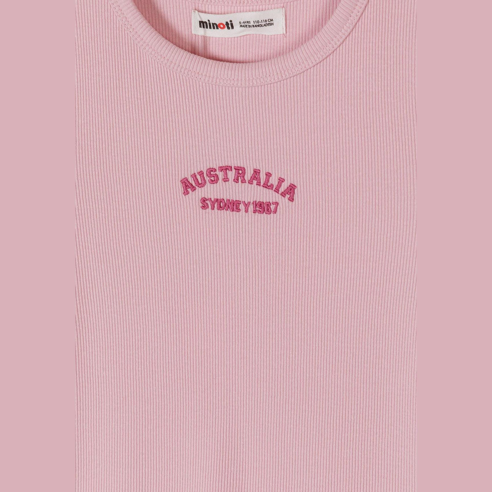 Close-up detail of pink ribbed dress showing Minoti label and Australia Sydney 1987 embroidered text on chest area