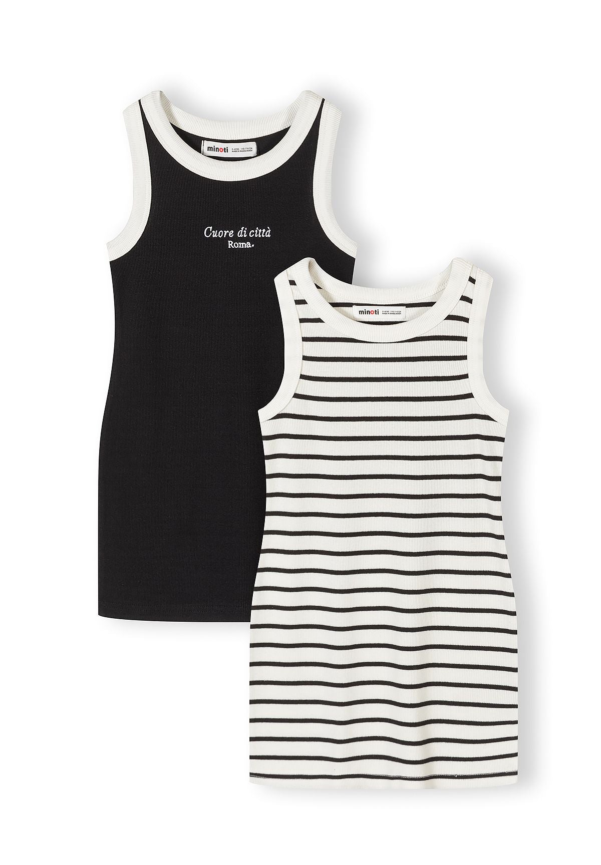 Girls sleeveless dress in black with white stripes, featuring a round neckline and ribbed texture.