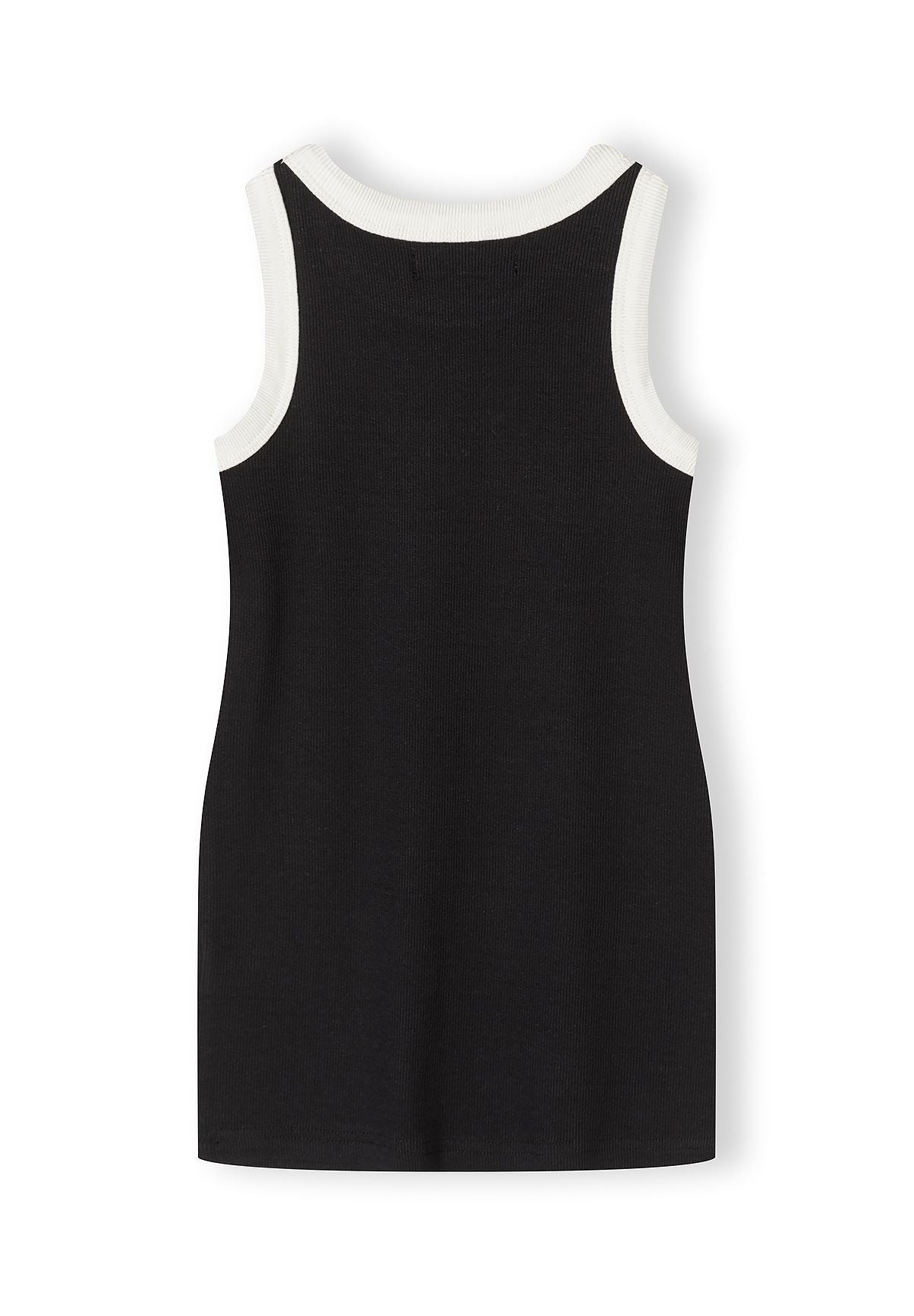 Girls sleeveless black dress with white trim, back view.