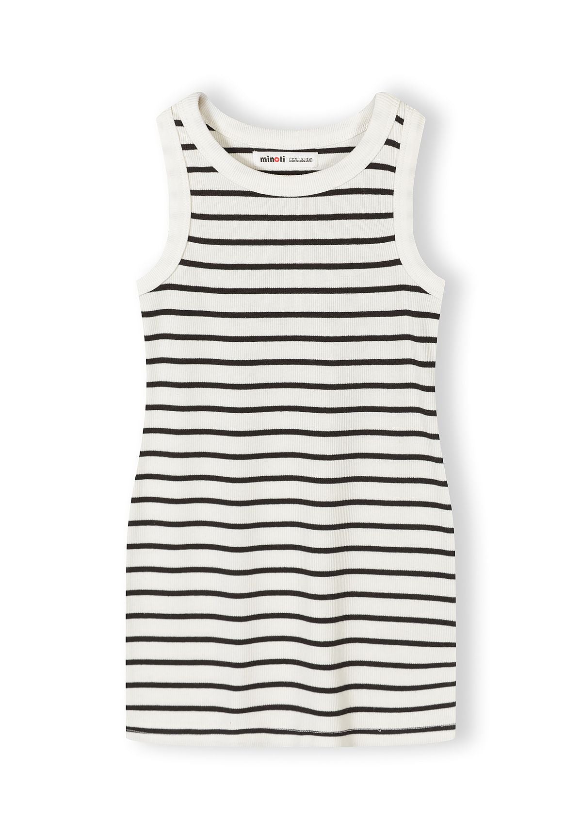 Girls sleeveless ribbed jersey dress with black and white stripes, front view.