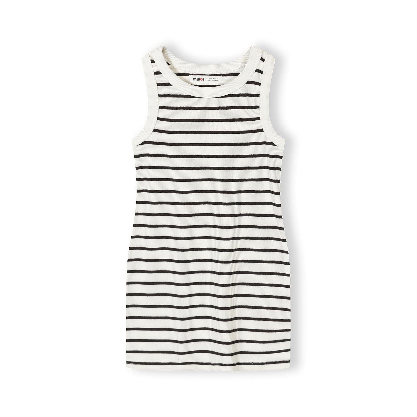 Close-up of white tank dress with black horizontal stripes showing ribbed jersey texture and sleeveless design on white background