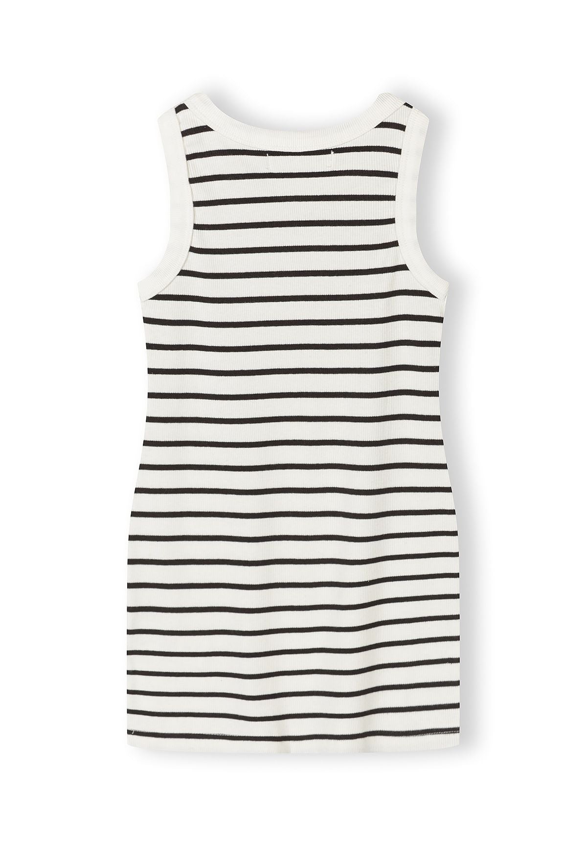 Girls sleeveless dress with black and white stripes, back view.