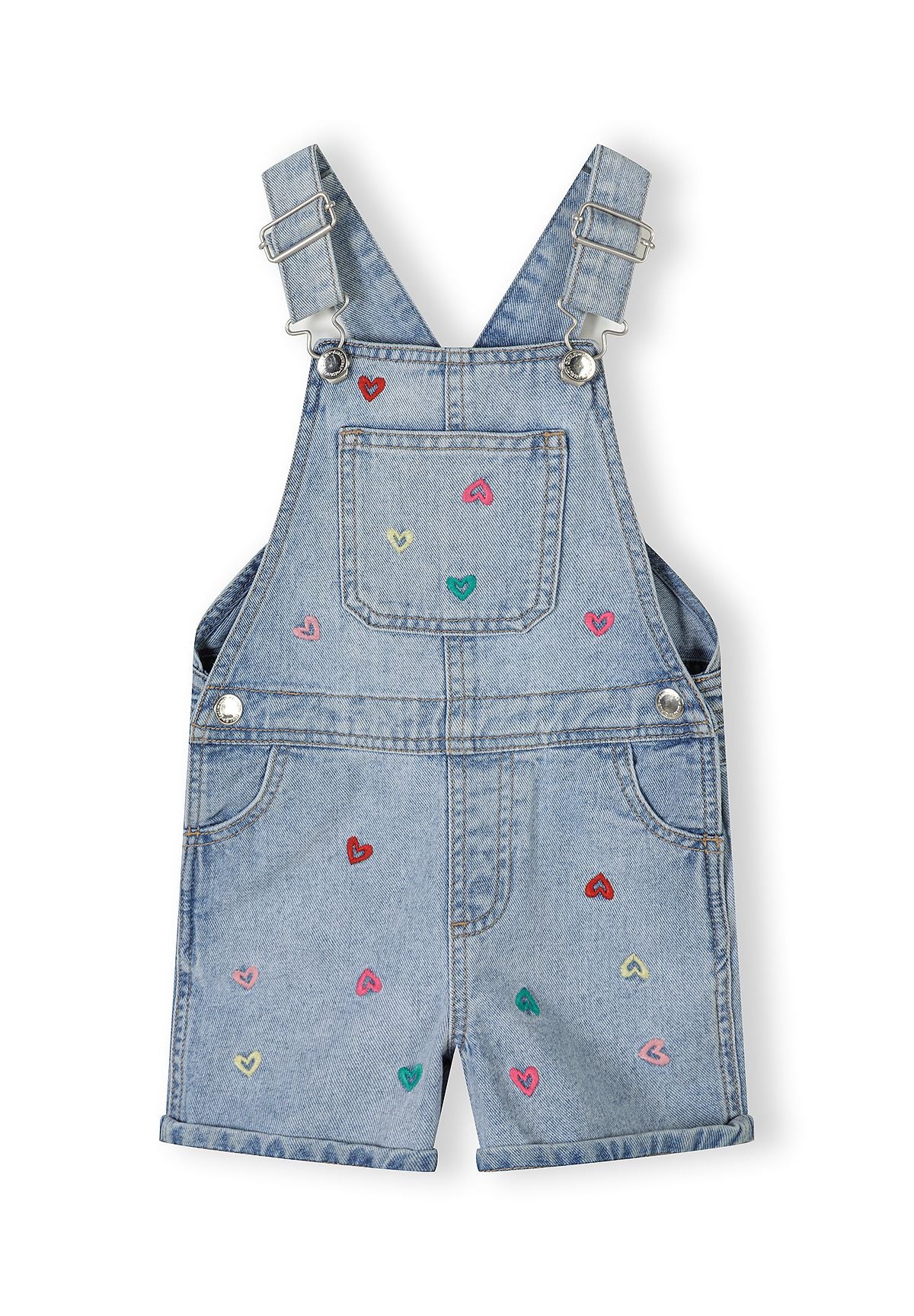 Girls denim dungaree with colorful heart embroidery, front view.