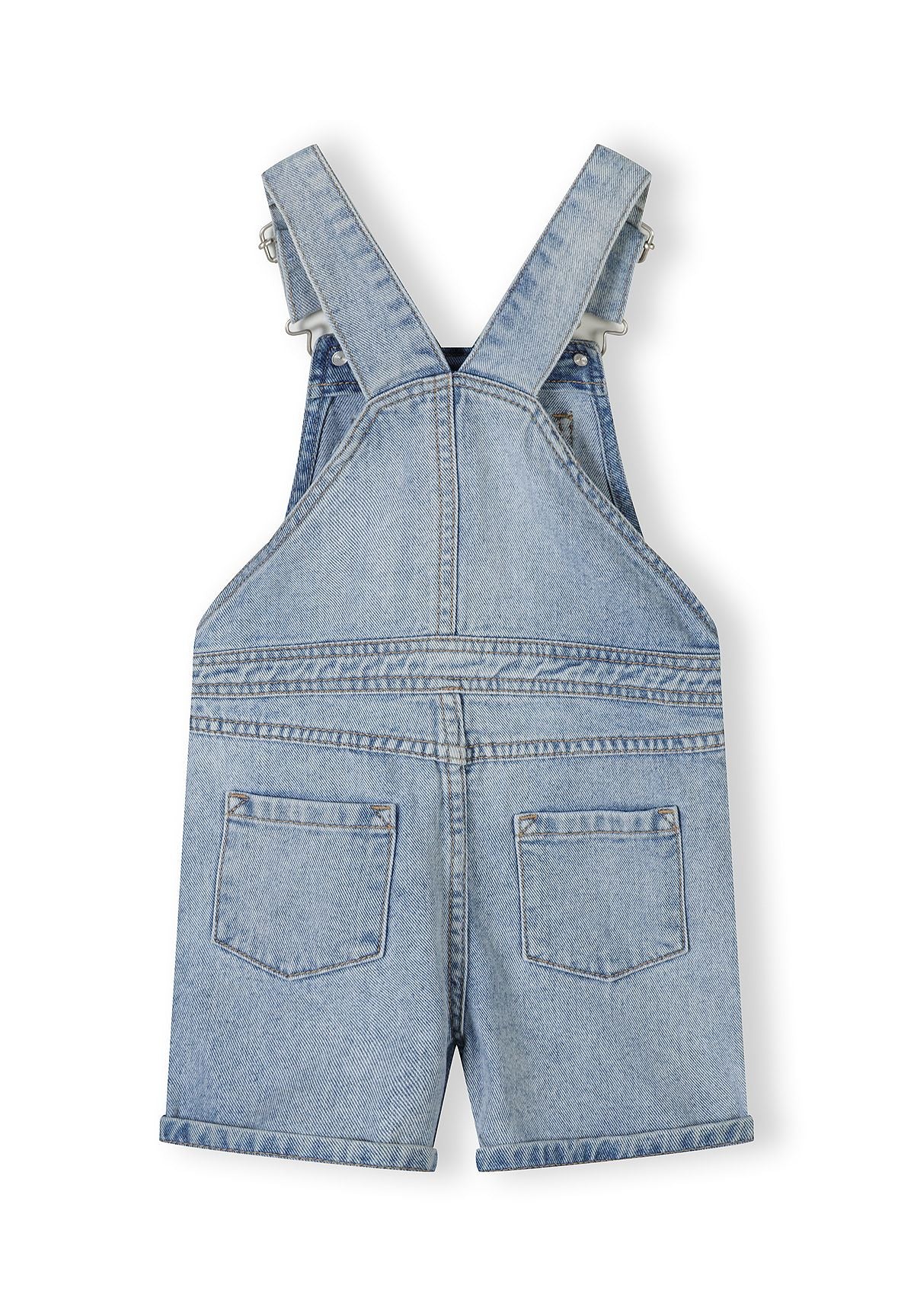 Girls blue denim dungaree, back view, adjustable straps and pockets.