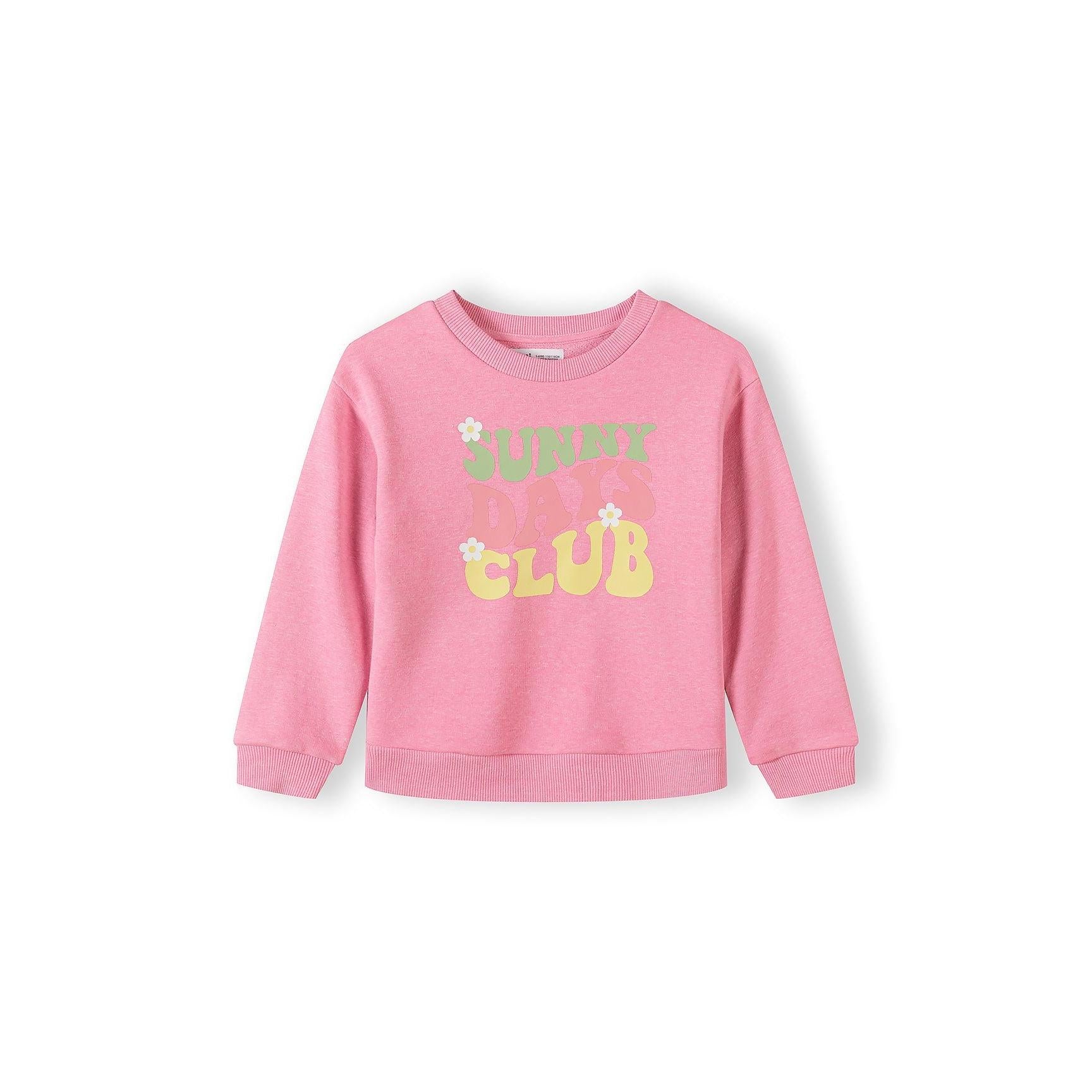 Close-up of bright pink sweatshirt with Cutesy Club text in yellow and green letters on white background