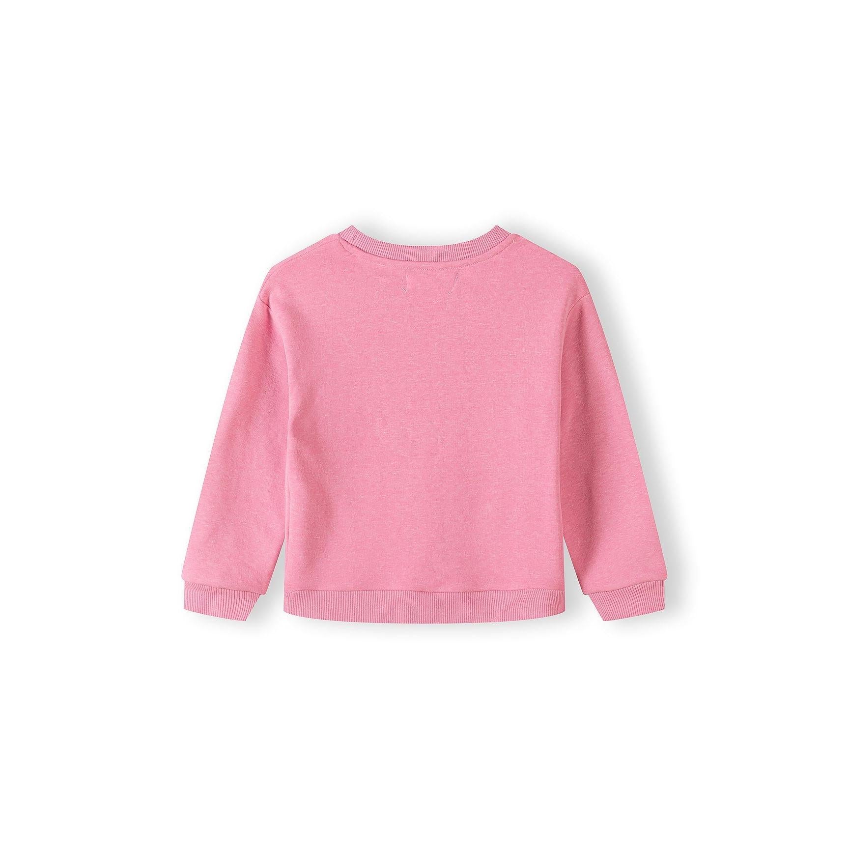 Close-up detail of coral pink sweatshirt showing Hello Flower text with smiling daisy graphics and Minoti label at neckline