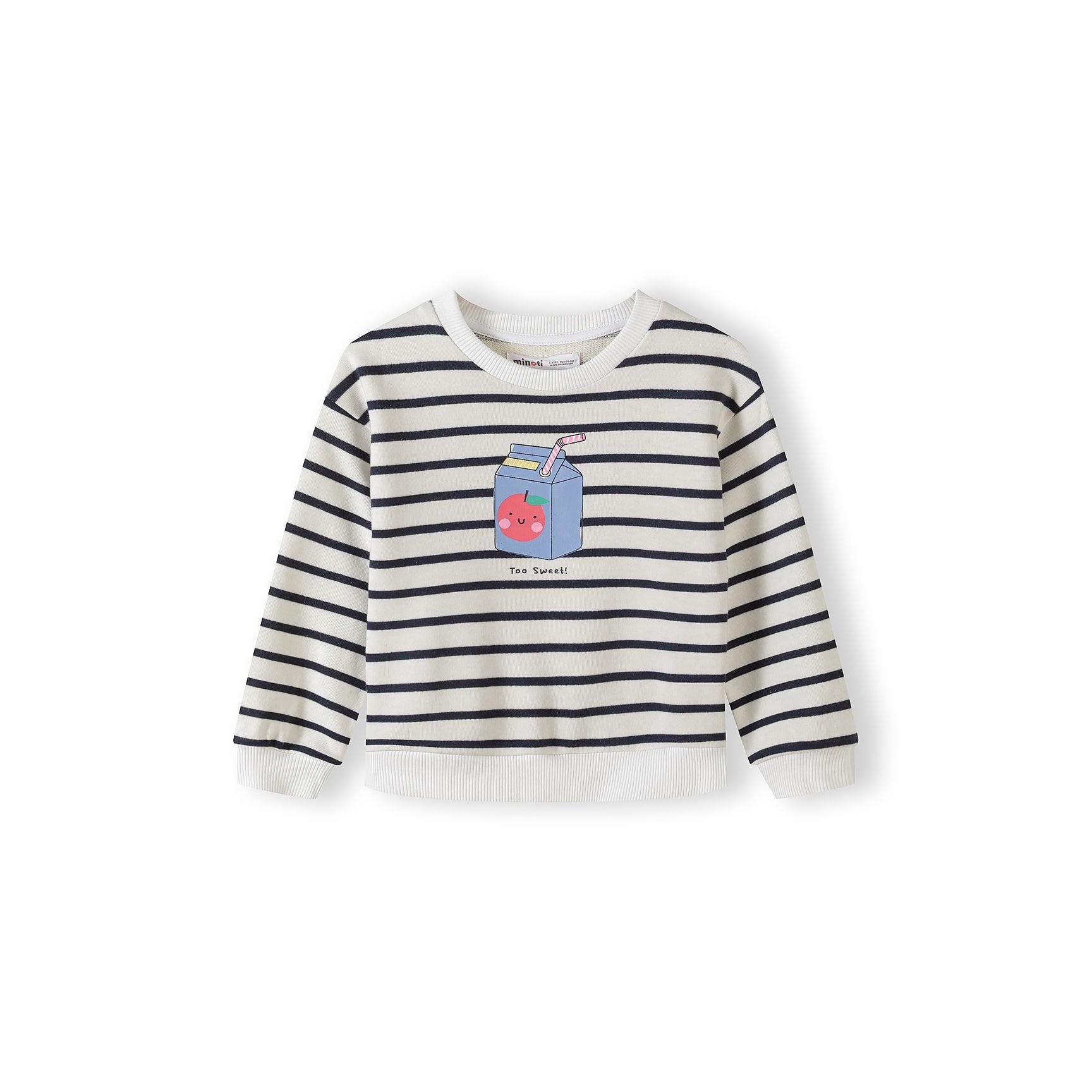 Close-up view of white sweatshirt with navy blue horizontal stripes and central milk carton graphic with pink heart and 'Too Sweet' text