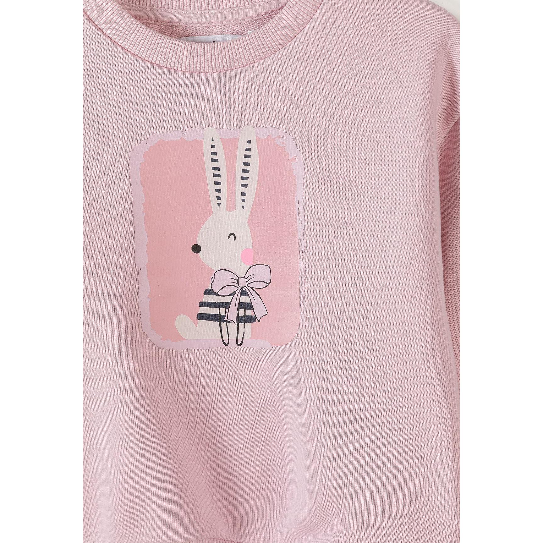 Close-up detail of pink sweatshirt showing cute bunny character graphic with striped ears, bow tie and black and white striped outfit