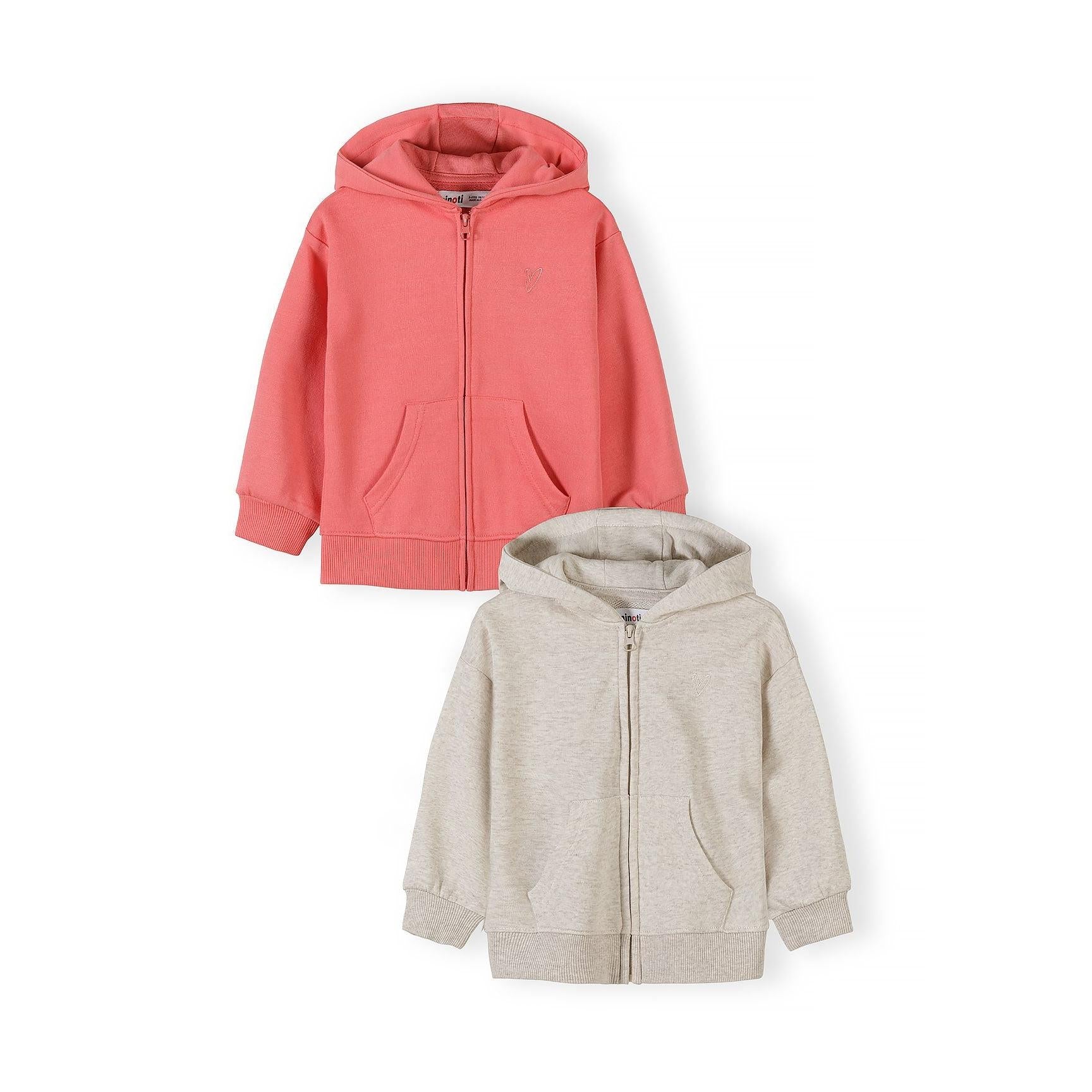 Two hoodies displayed flat - coral pink hoodie on top, cream beige hoodie below, both with zip fronts and hoods, on white background