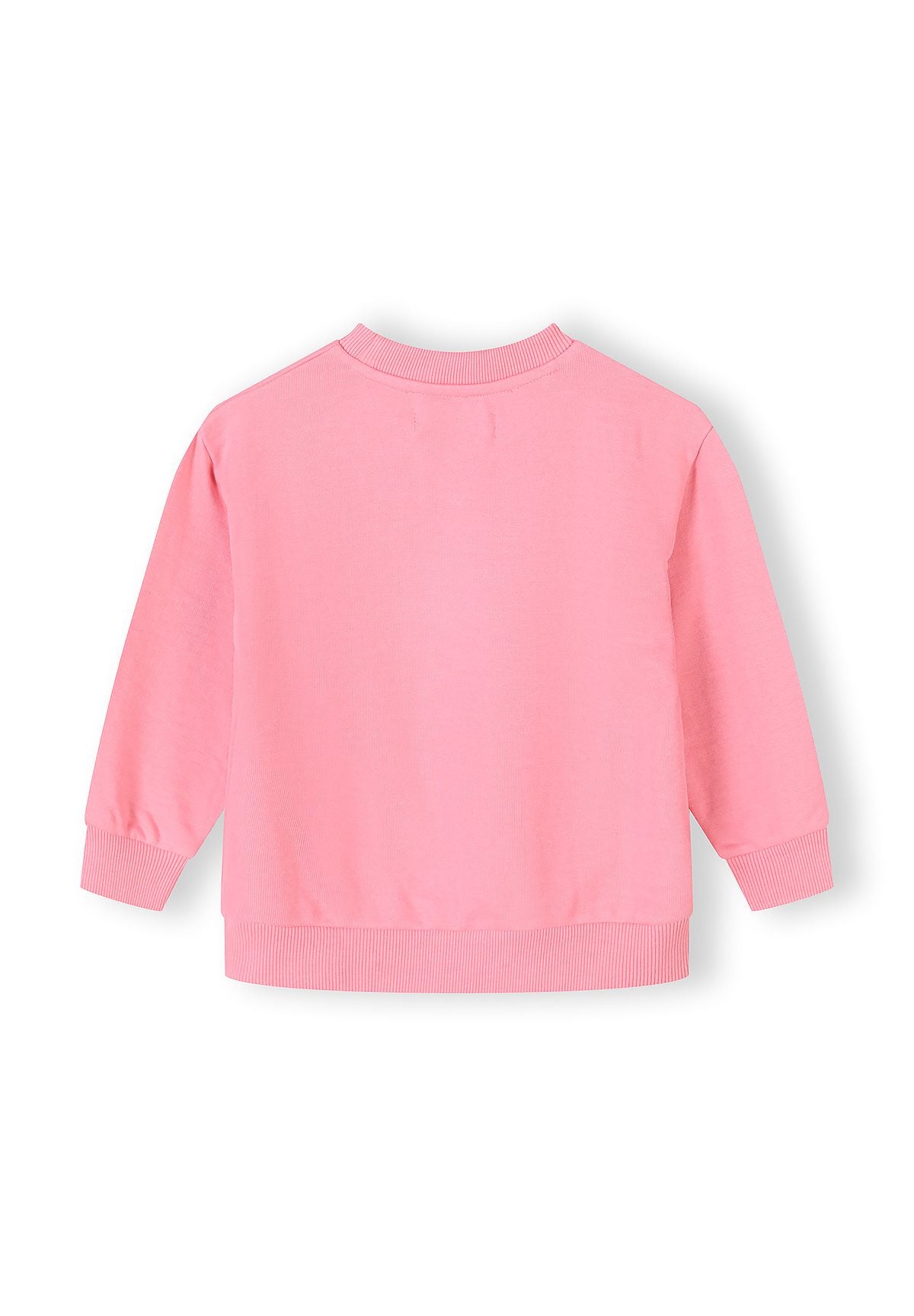 Back view of a girls' pink sweatshirt with long sleeves and ribbed cuffs.