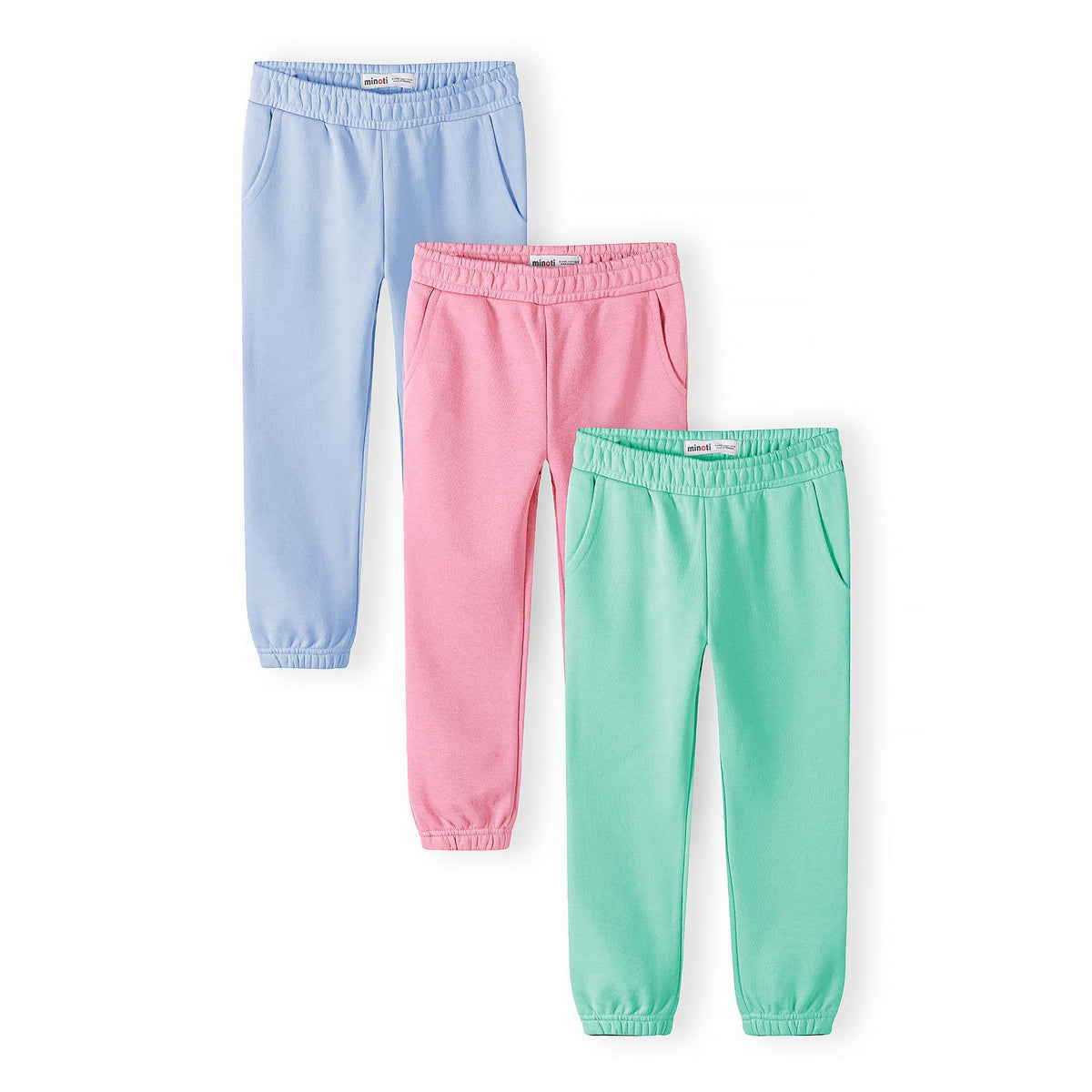 Girls' joggers 3-pack in light blue, pink and mint green — complete product view for square Shop card