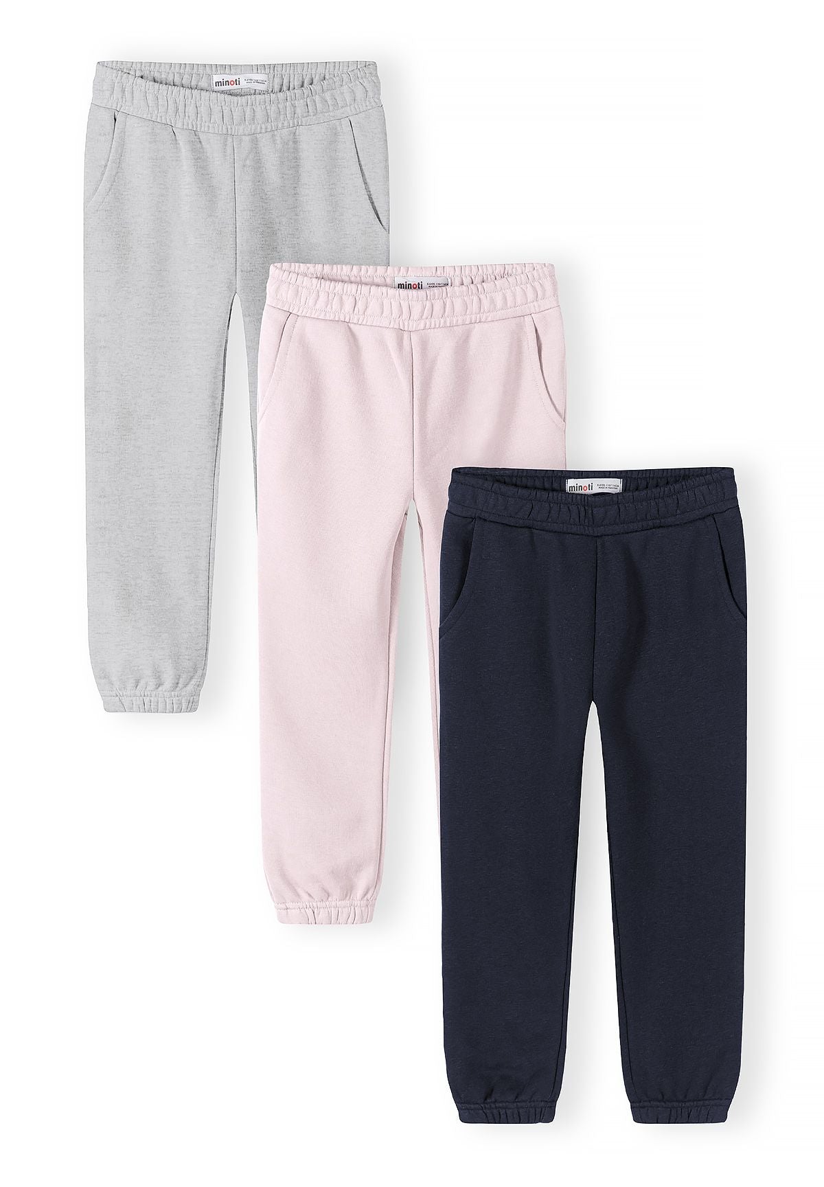 Grey marl, light pink and navy joggers, three joggers front.