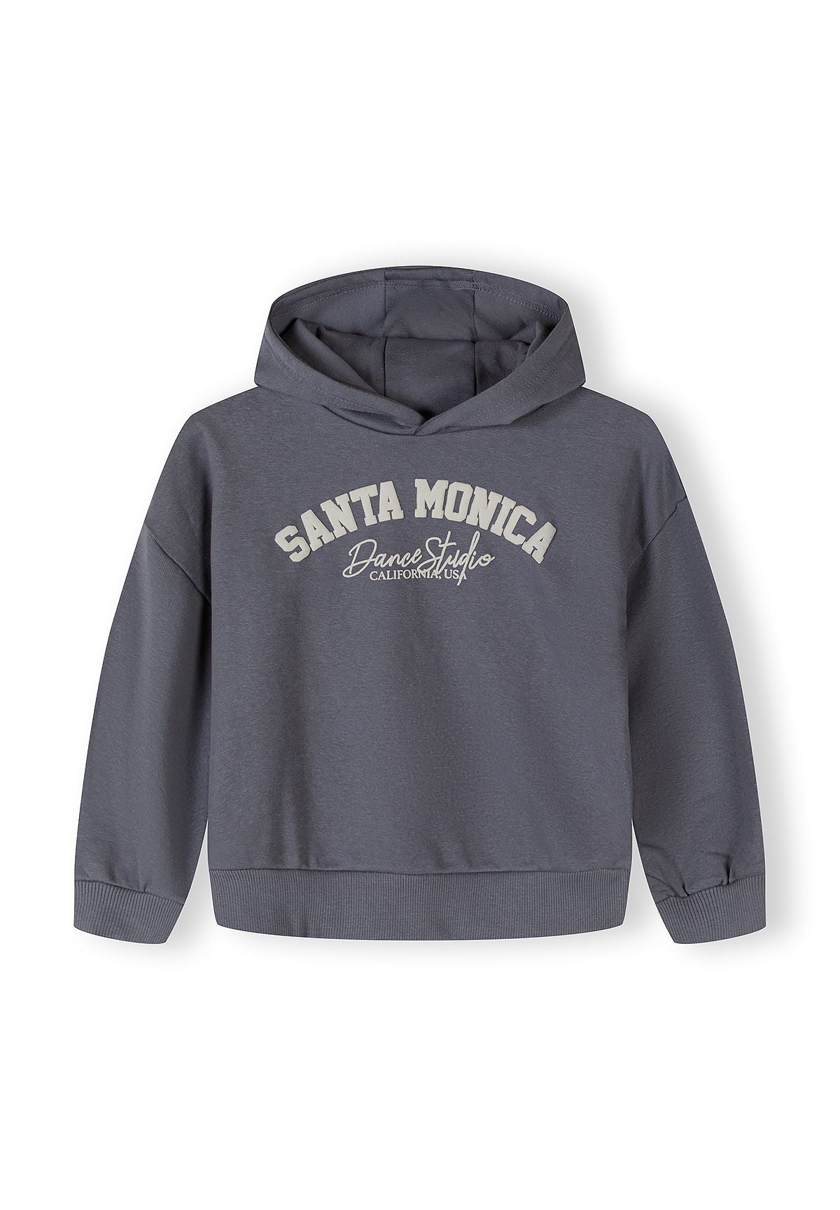 Girls hooded grey sweatshirt with logo detail, front view.