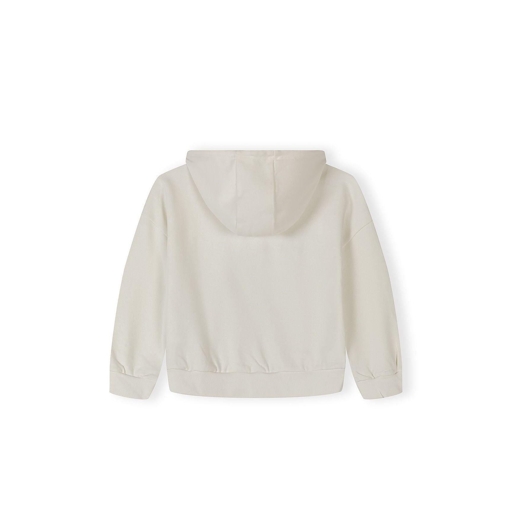 Back view of off white hooded sweatshirt showing plain design and hood construction on white background