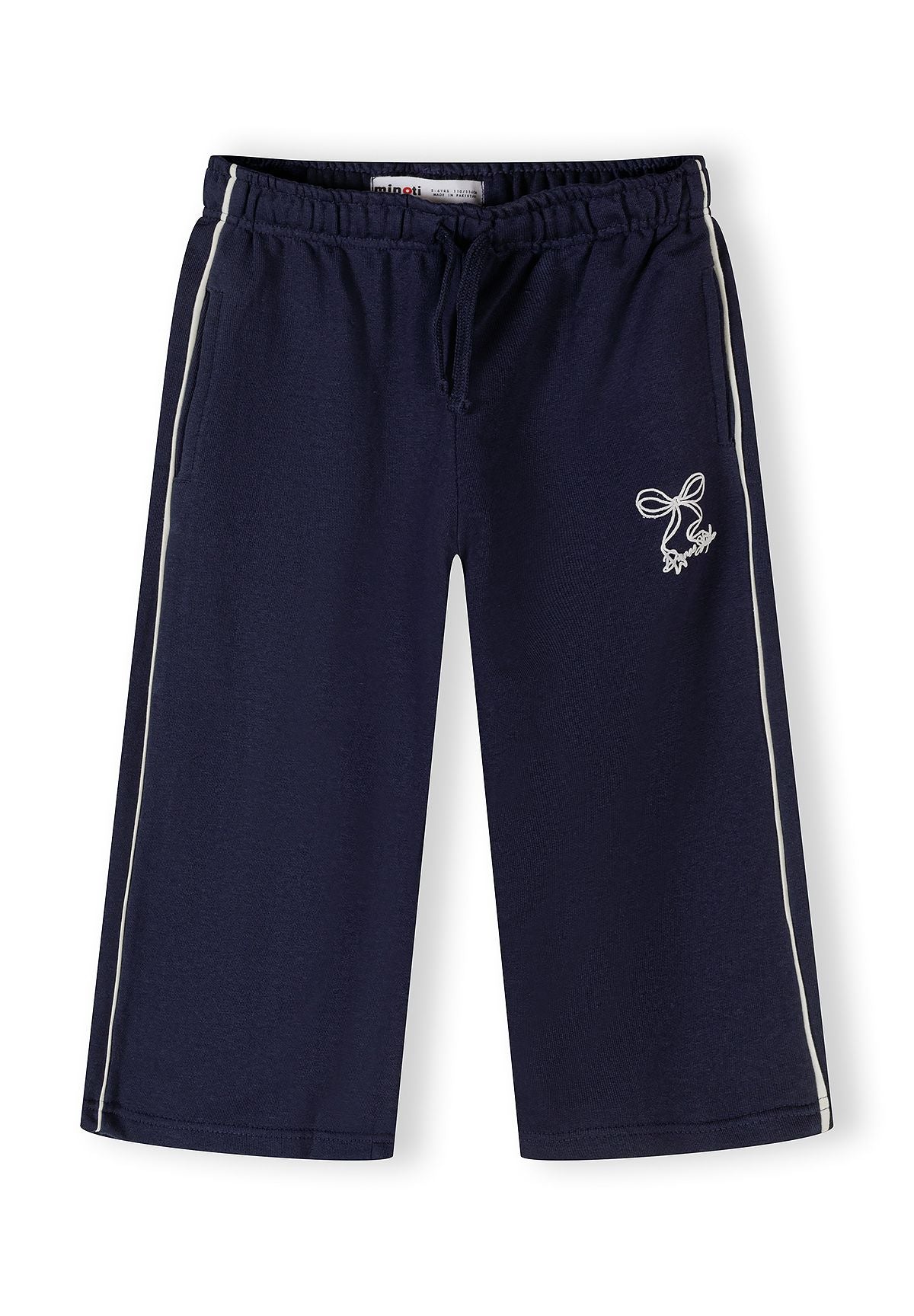 Navy blue girls' jogging bottoms with elasticated waistband and side pockets.