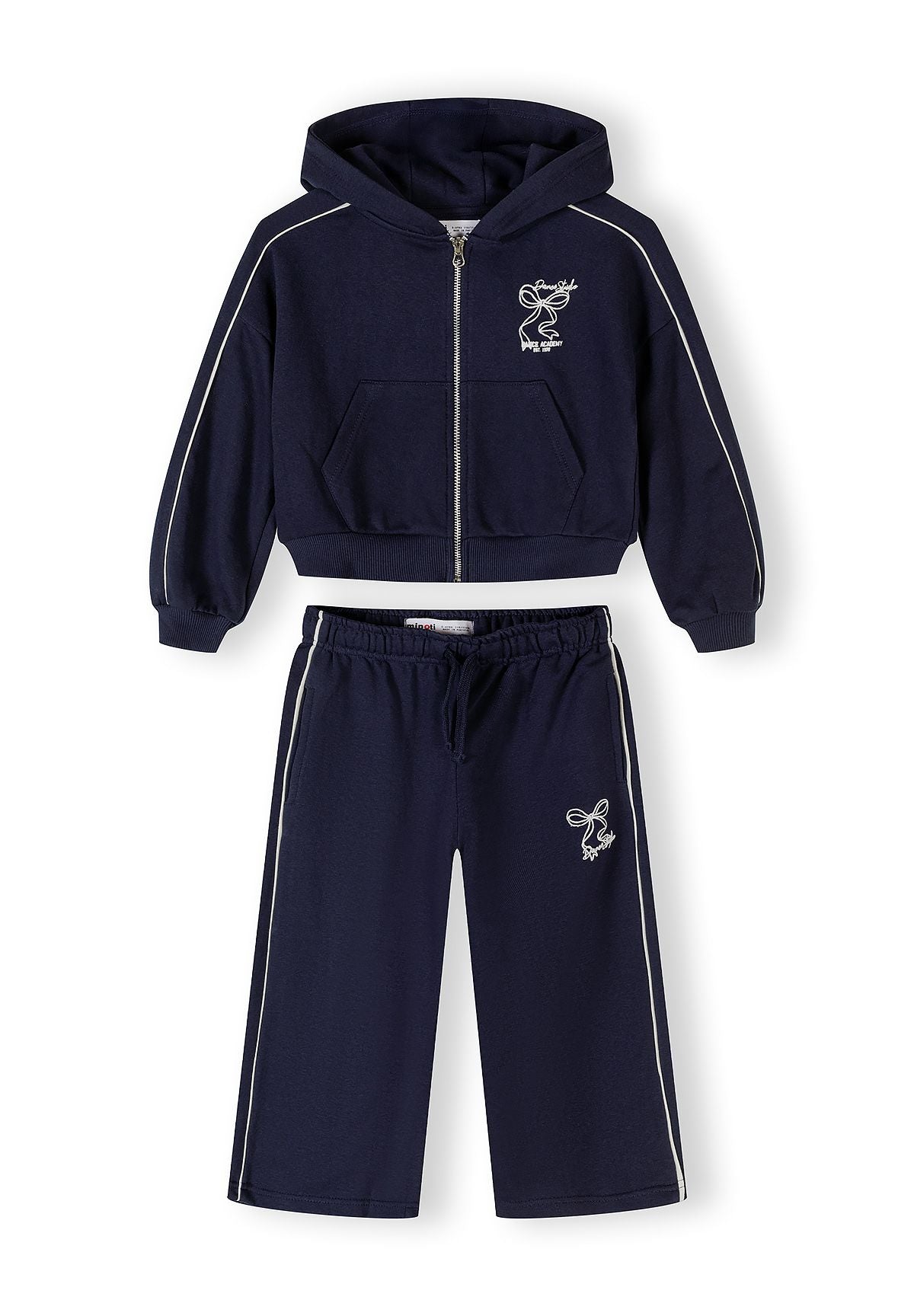 Navy zip hoodie and wide leg trousers set, full set front.