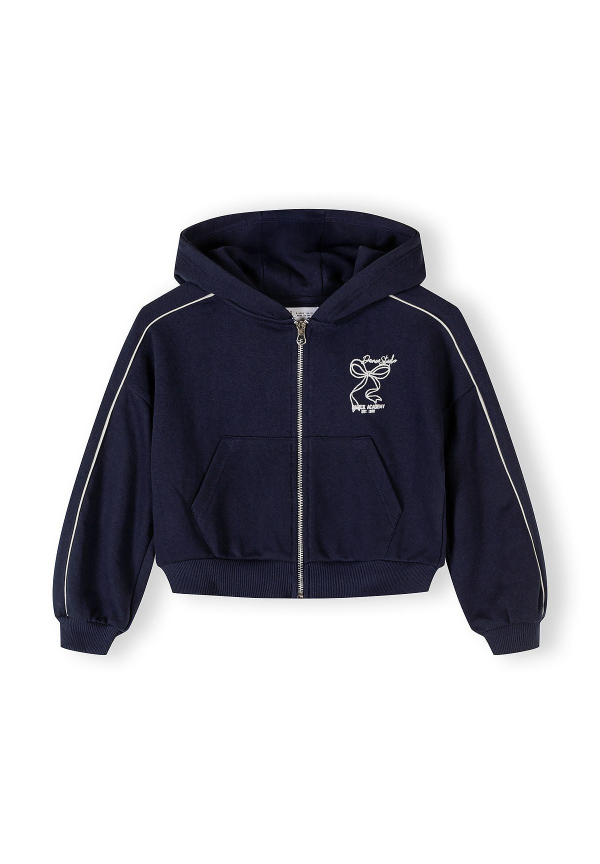 Navy blue zip-up jacket with hood and side pockets for girls aged 3-15.
