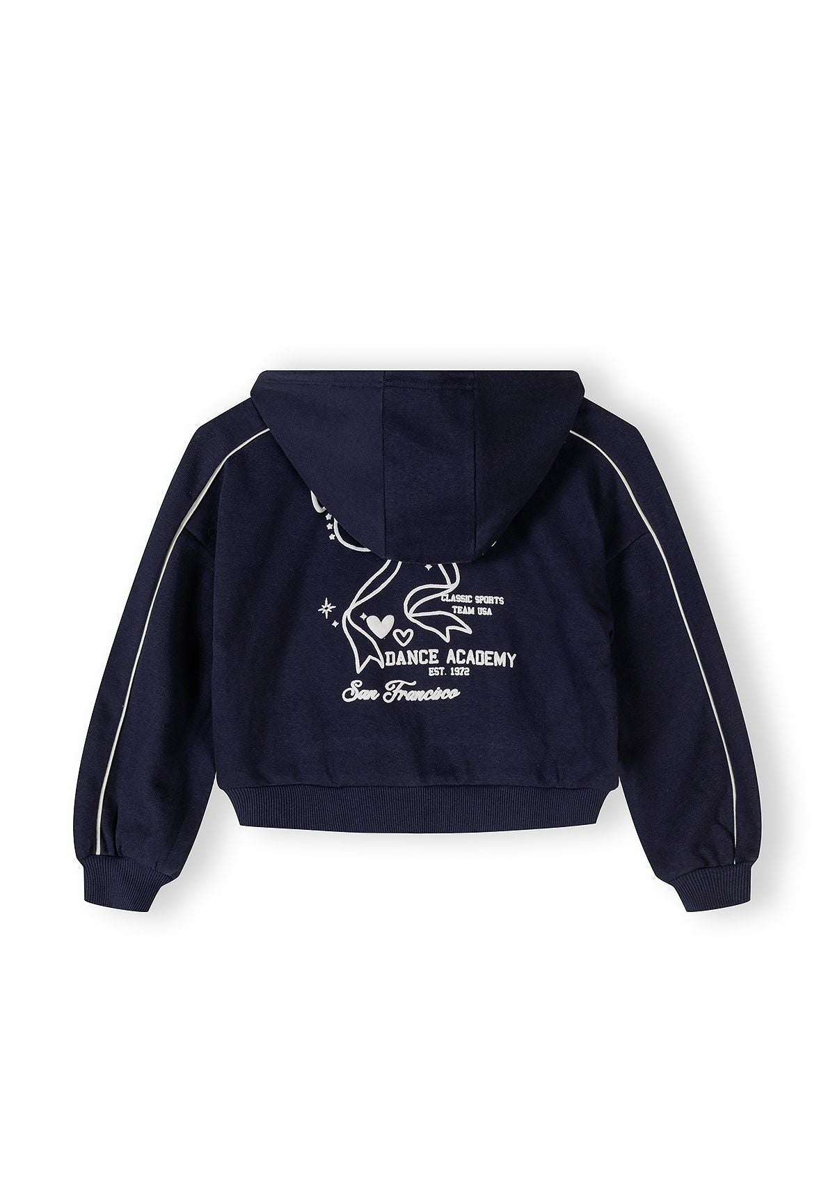 Navy blue girls' tracksuit jacket, back view, features a hood and logo print.