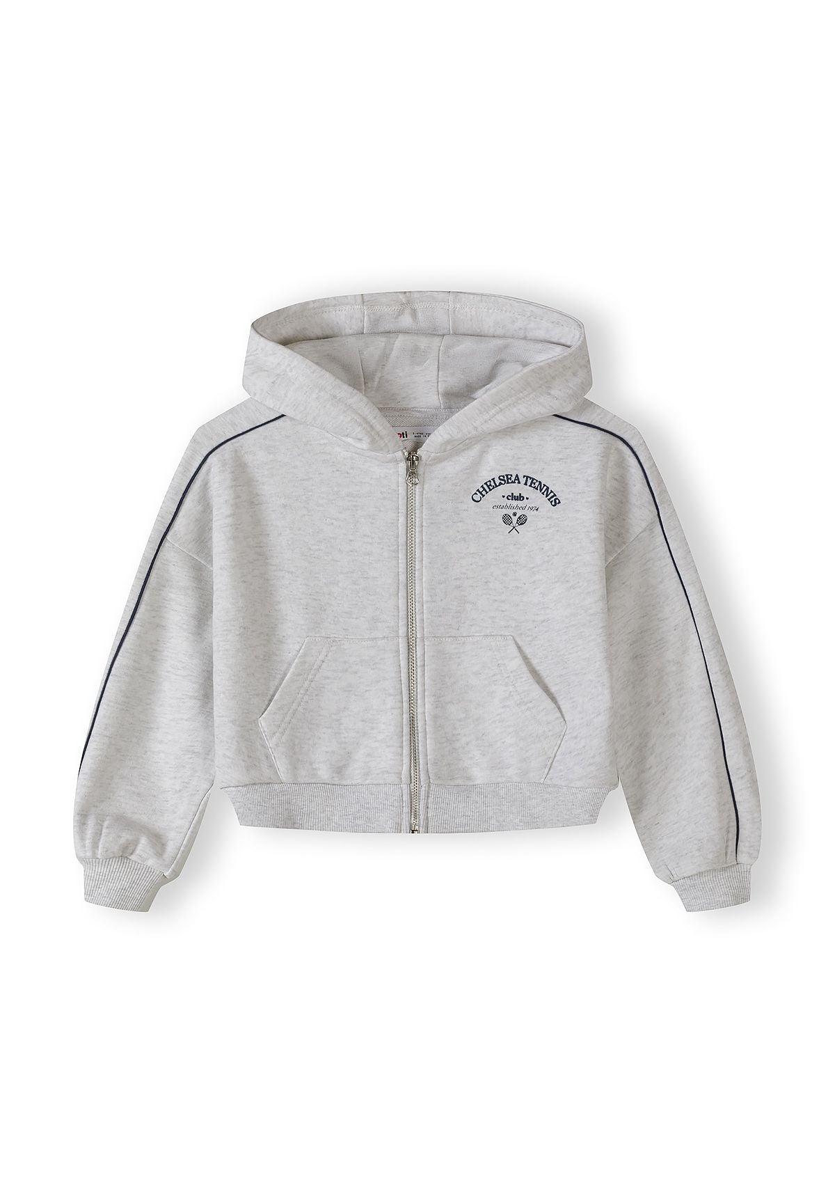 Girls grey marl tracksuit jacket with hood, front zip and side pockets.