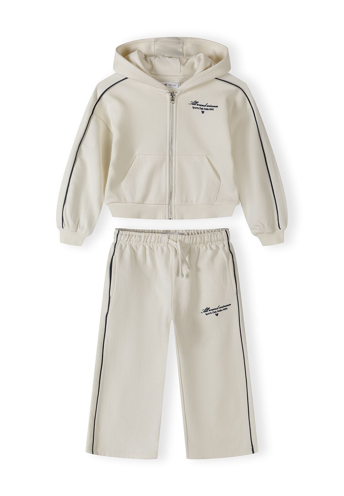 Girls white hooded tracksuit with zip jacket and elastic waist, front view.