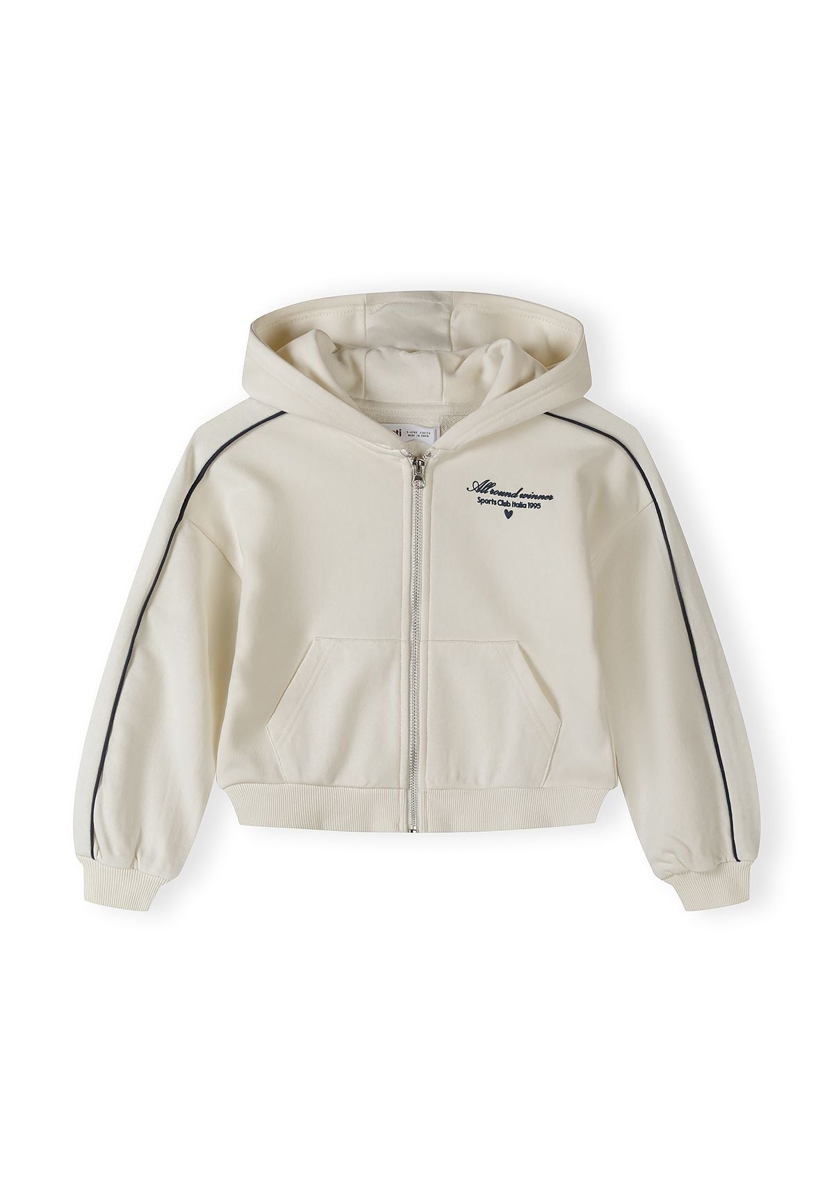 White hooded jacket for girls, front zip, side pockets, close-up.
