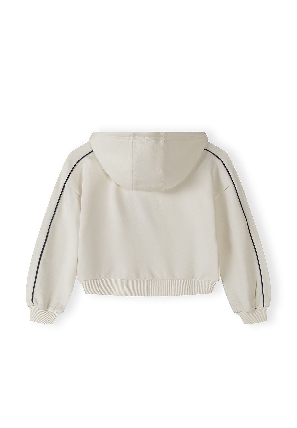 Back view of a white hooded jacket with elastic hem and side stripes.