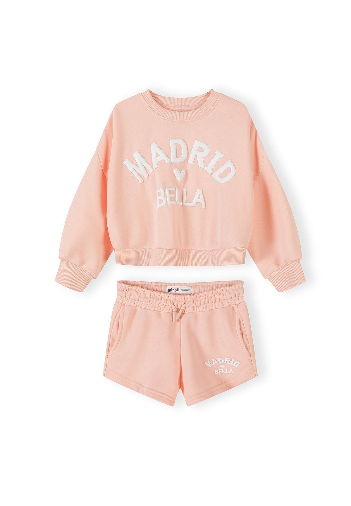 Peach sweatshirt and shorts set, set front.