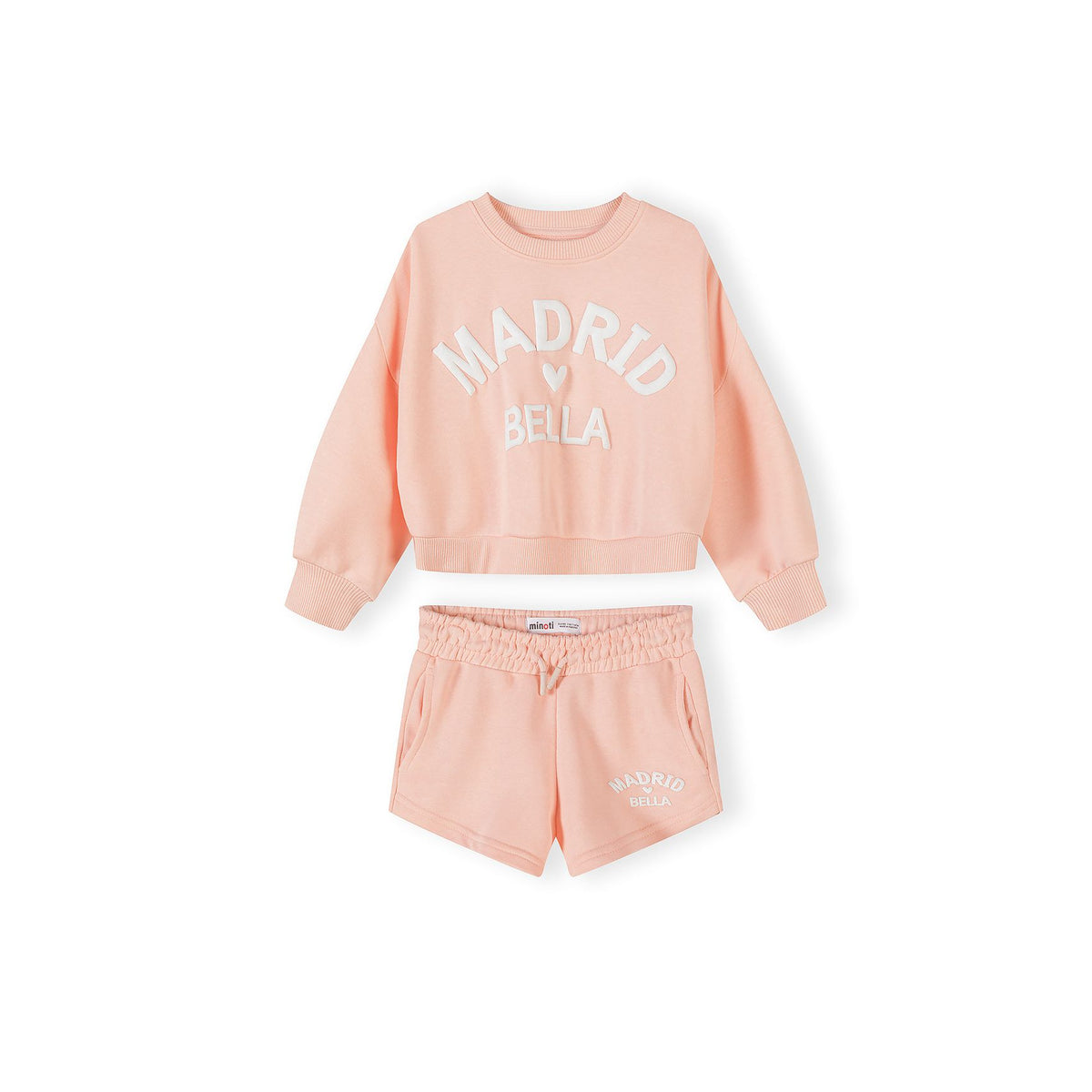 Girls' sweatshirt and shorts set in peach — complete product view for square Shop card