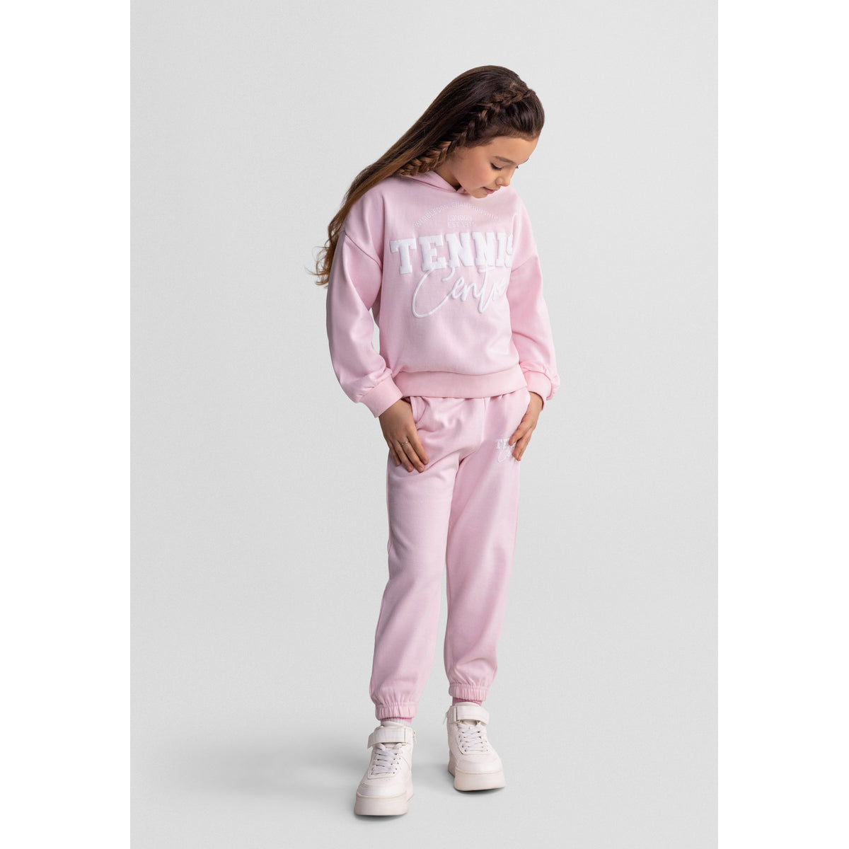 Girls' hoodie and joggers set in light pink — complete product view for square Shop card