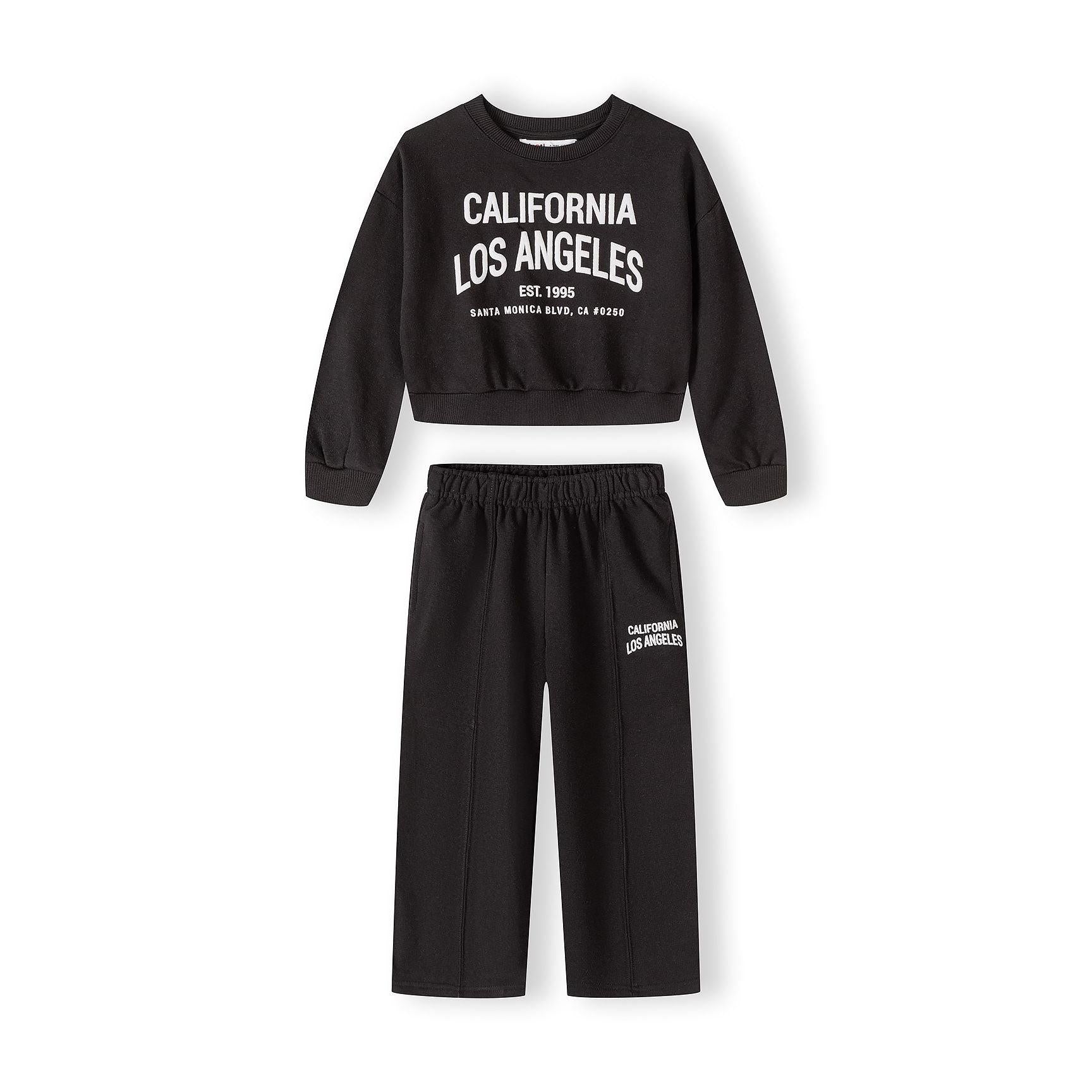 Close-up detail of black sweatshirt showing white California Los Angeles EST 1995 Santa Monica Blvd CA 90250 text print and crew neckline with ribbed collar