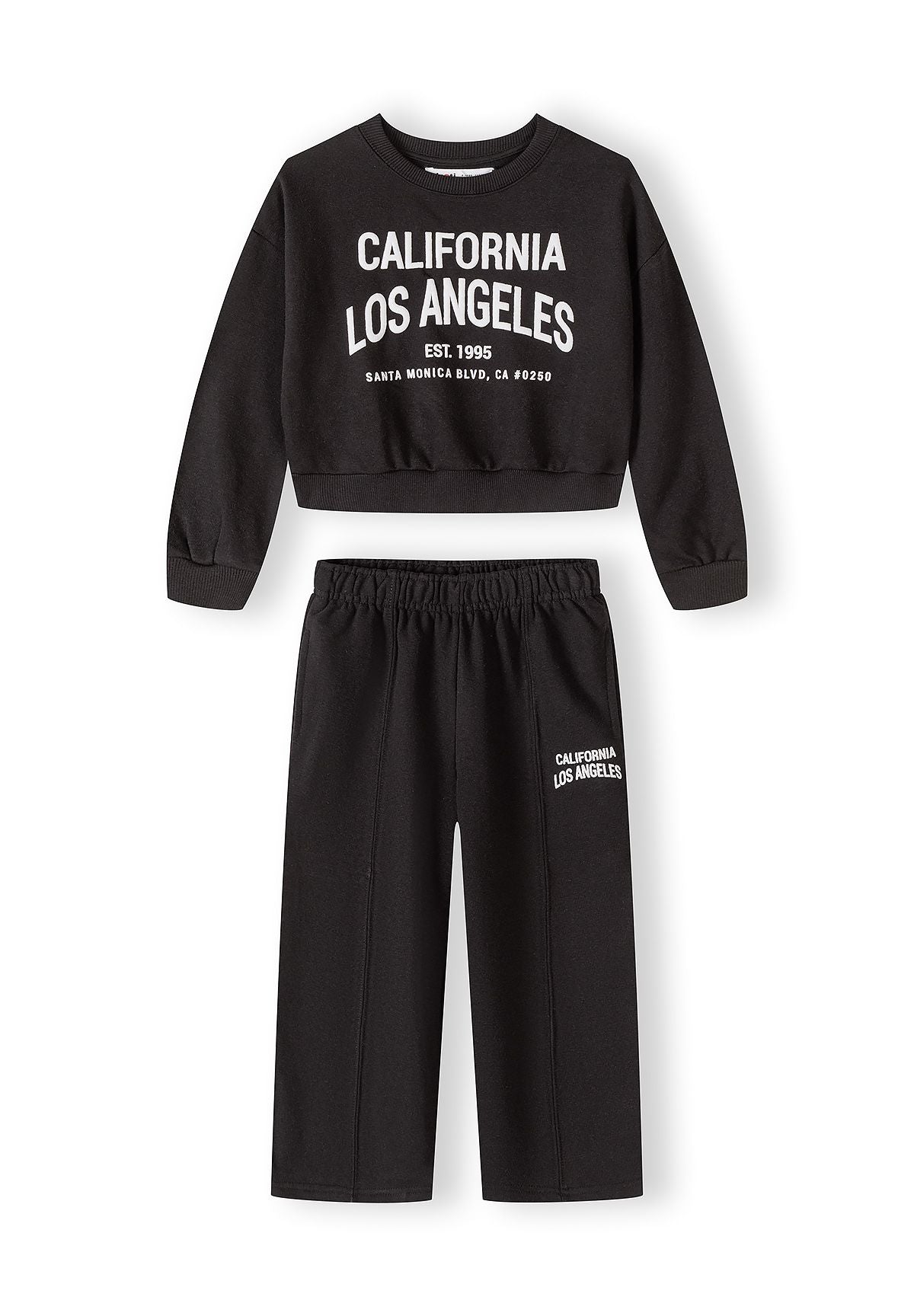 Black girls' jogging suit with cropped sweatshirt and loose trousers, front view.
